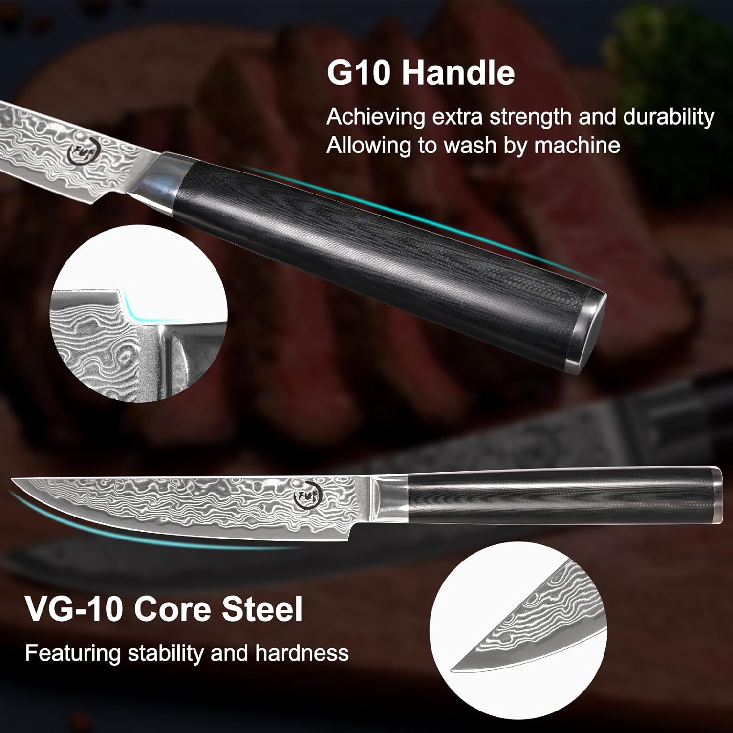 Fukep Juego de 4 cuchillos para carne, súper afilados de 5 pulgadas, juego de cuchillos de carne de damasco japoneses VG10 con núcleo de acero de 73