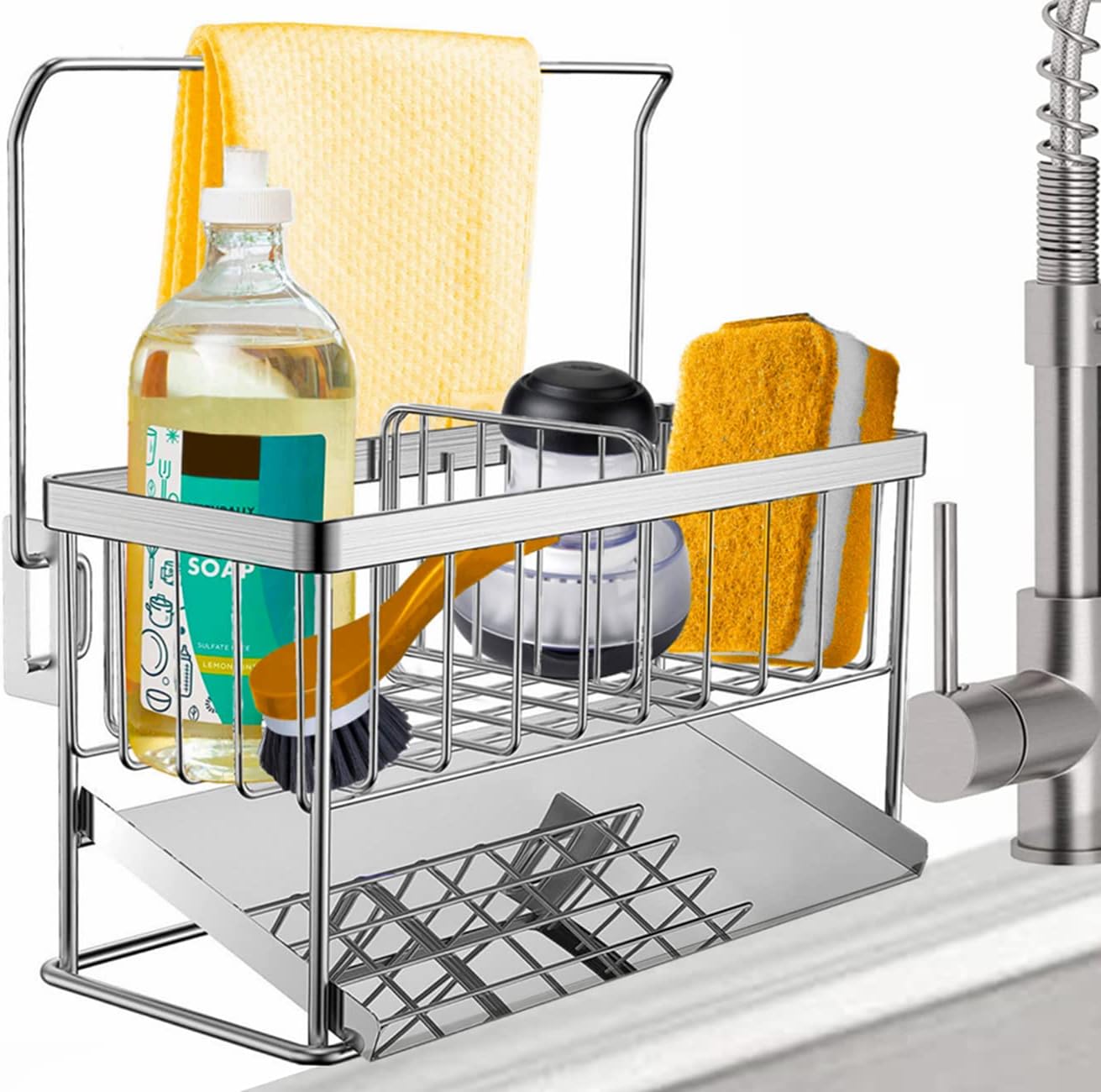 Soporte de esponja para fregadero de cocina, organizador de acero inoxidable 304 dispensador de jabón de cocina con bandeja de drenaje automático,