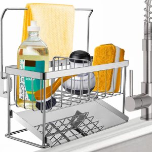 Soporte de esponja para fregadero de cocina, organizador de acero inoxidable 304 dispensador de jabón de cocina con bandeja de drenaje automático, Soporte de esponja para fregadero de cocina, organizador de acero inoxidable 304 dispensador de jabón de cocina con bandeja de drenaje automático,