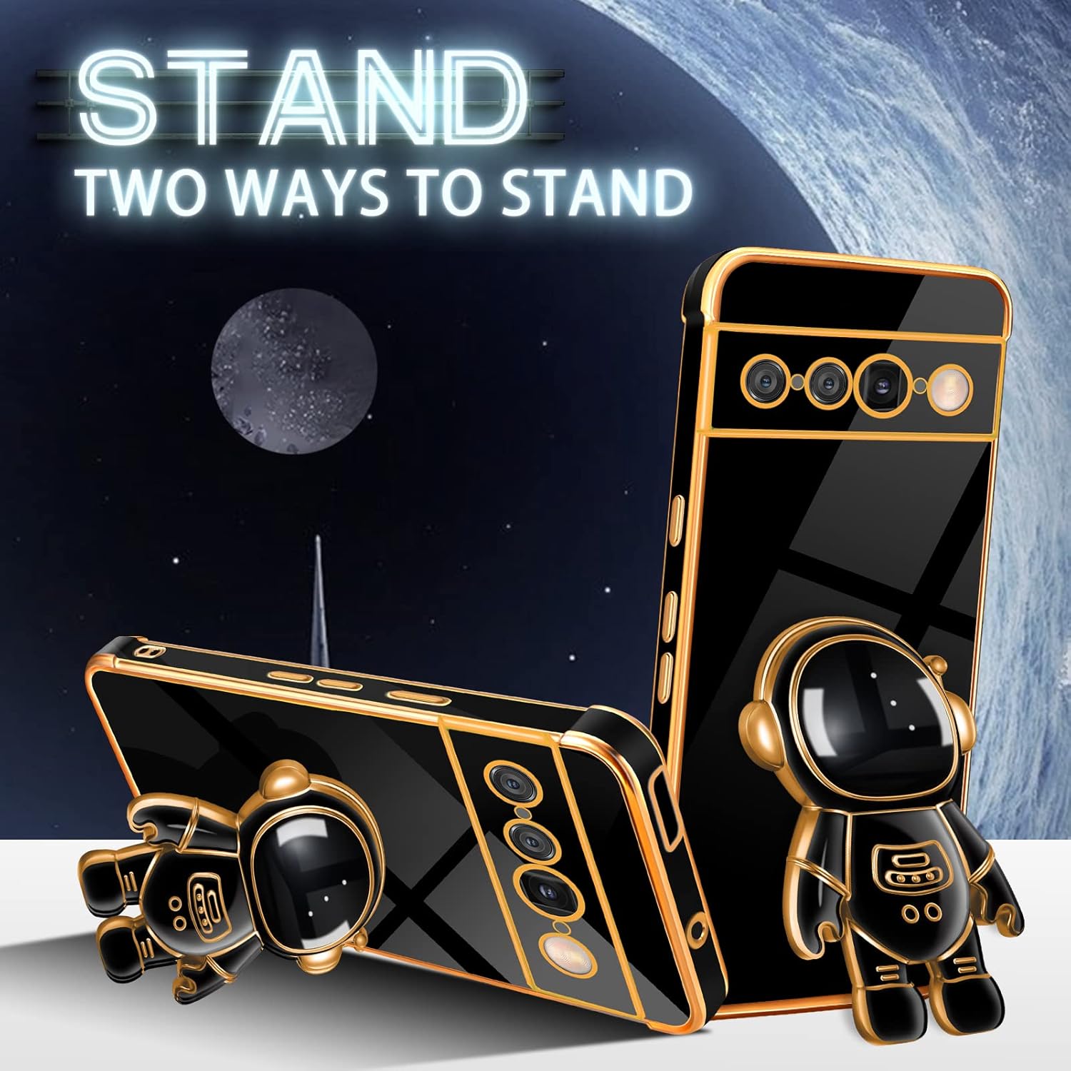 Funda para Pixel 7 Pro con soporte de astronauta lindo Pixel 7 Pro para mujeres y niñas, diseño de corazón de amor femenino chapado en oro 6D con