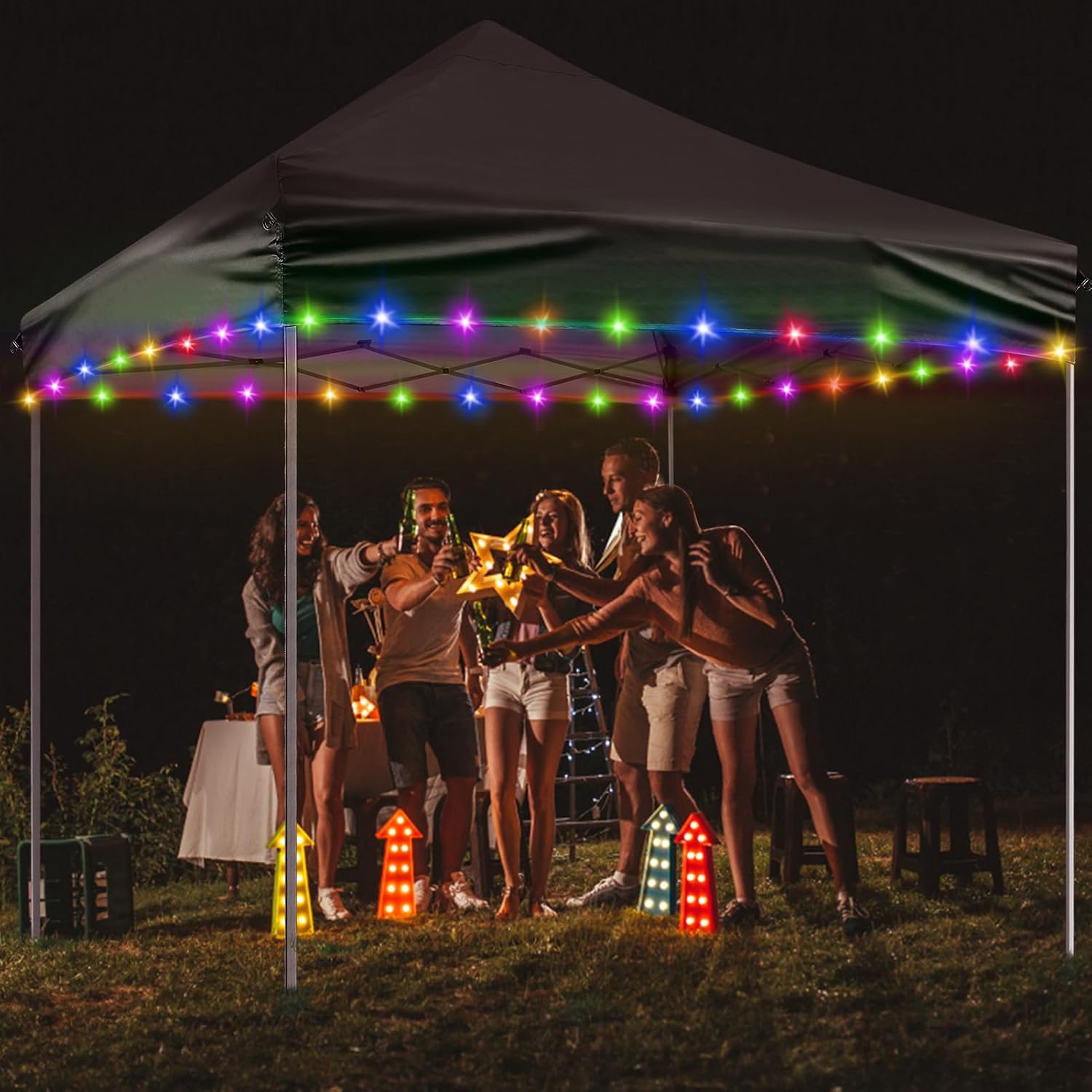 Luces LED de toldo de 42.6 pies con energía solar y USB, control remoto, luces multicolor, tiempo de uso más largo, luces más brillantes, luces de