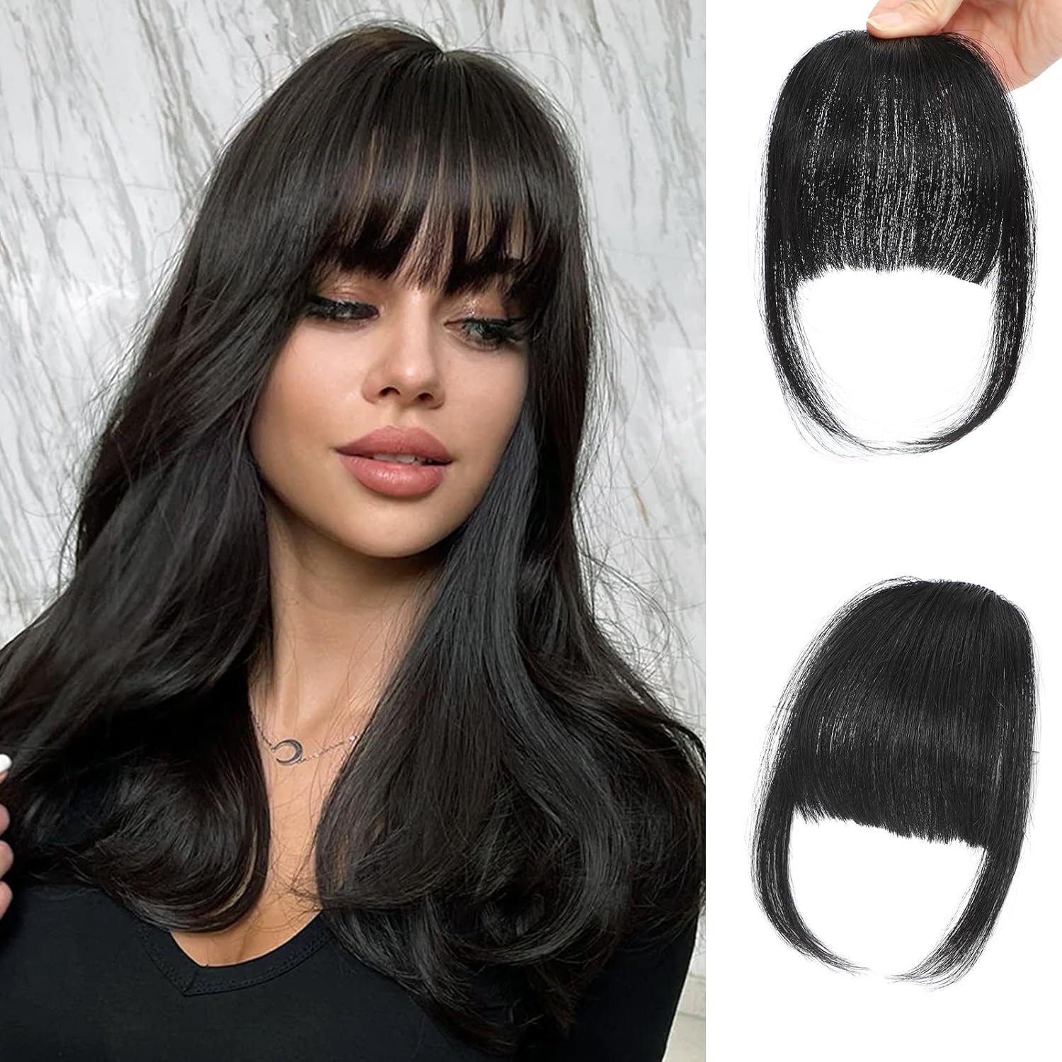 GHDXIWEYU Flequillo de cabello humano 100% real para mujer, cortina natural de imitación con flequillo, flequillo falso negro natural
