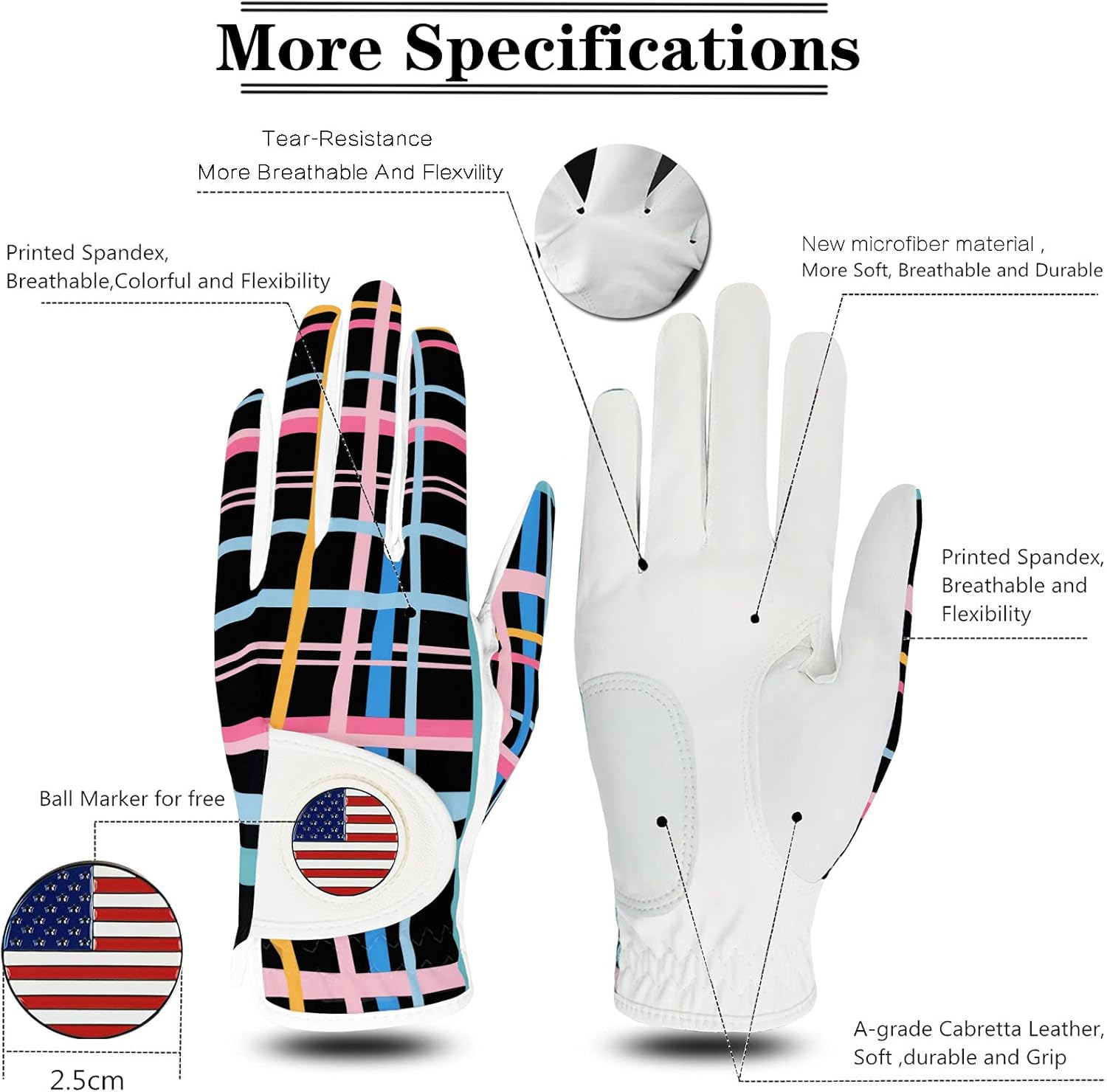 FINGER TEN Golf Gloves Women Right Handed Golfer Left Hand with Ball Marker USA Flag Ladies Breathable Soft All Weather Grip Printed Pattern Size XS