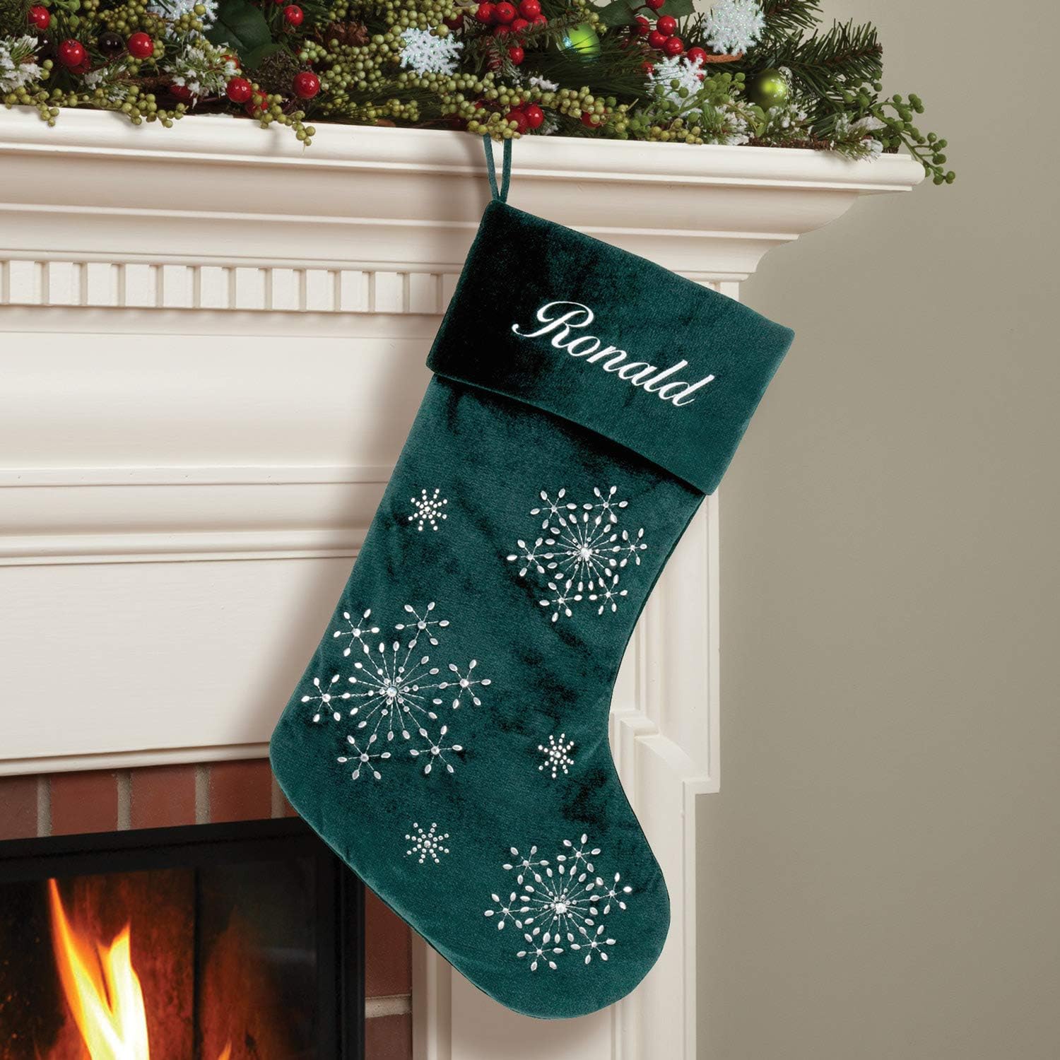 Personalized Planet Calcetín de Navidad de terciopelo con nombre bordado personalizado, puño verde, divertida decoración festiva del hogar de