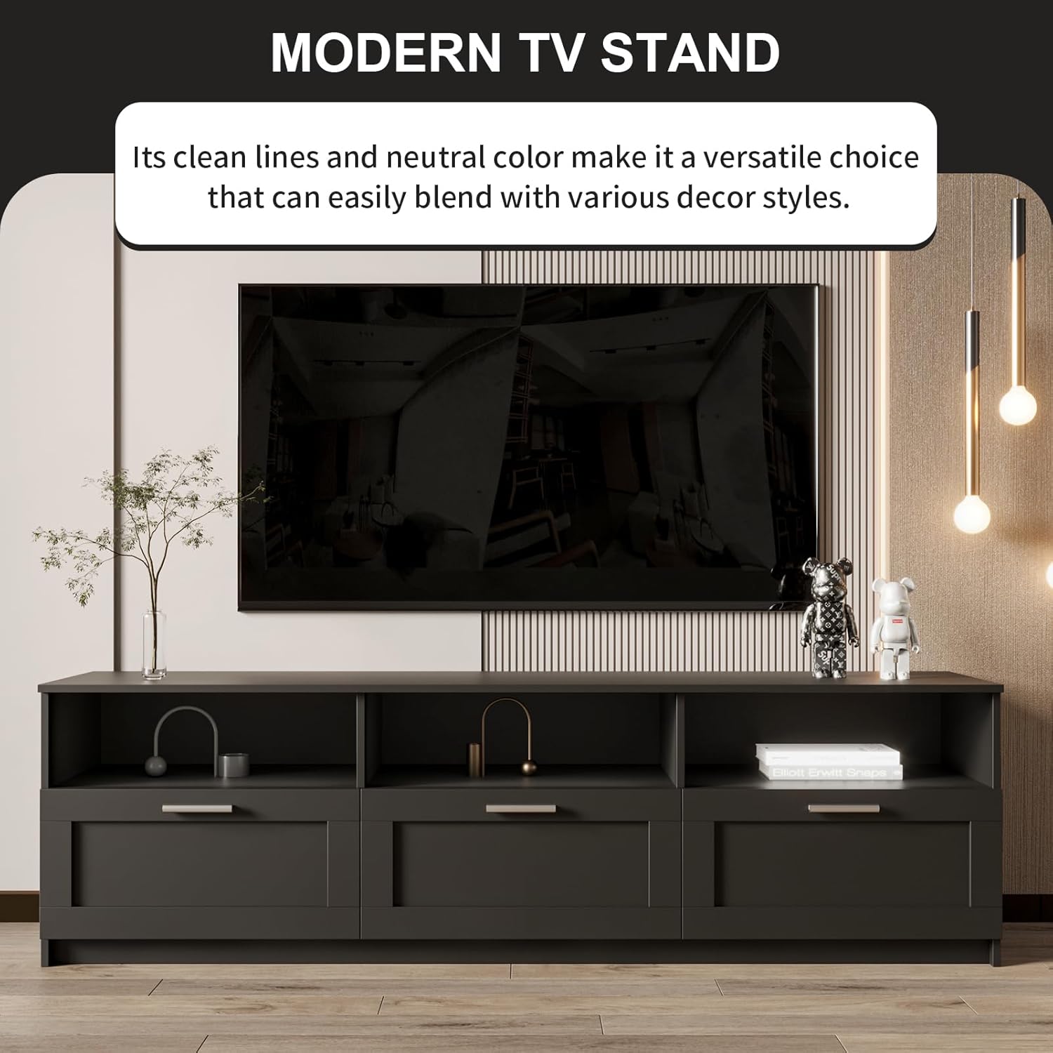 LETESA Moderno soporte de TV minimalista de madera, centro de entretenimiento con consola multimedia con cajones y estantes abiertos, mueble de TV