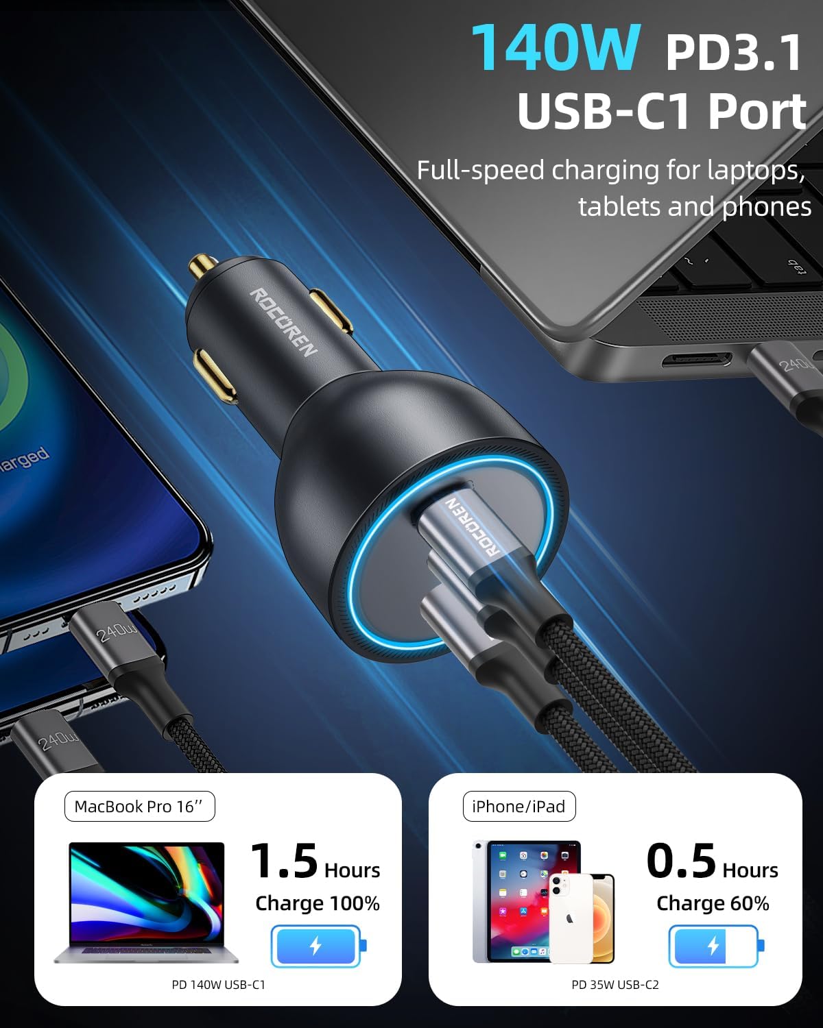Rocoren Cargador de coche USB C de 165 W, PD3.1 140WPD3.0 100 W tipo C, cargador USB QC5 de carga súper rápida con cable de 240 W para MacBook Pro,