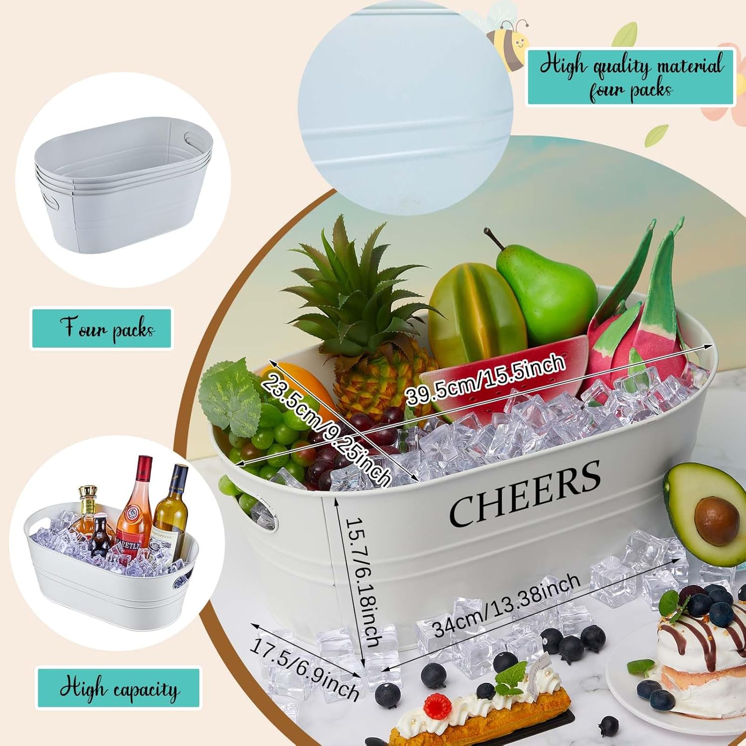 6 cubos de hielo grandes de 4 galones para fiestas, recipientes de metal galvanizado para bebidas, cerveza, vino, champán, cóctel, enfriador para
