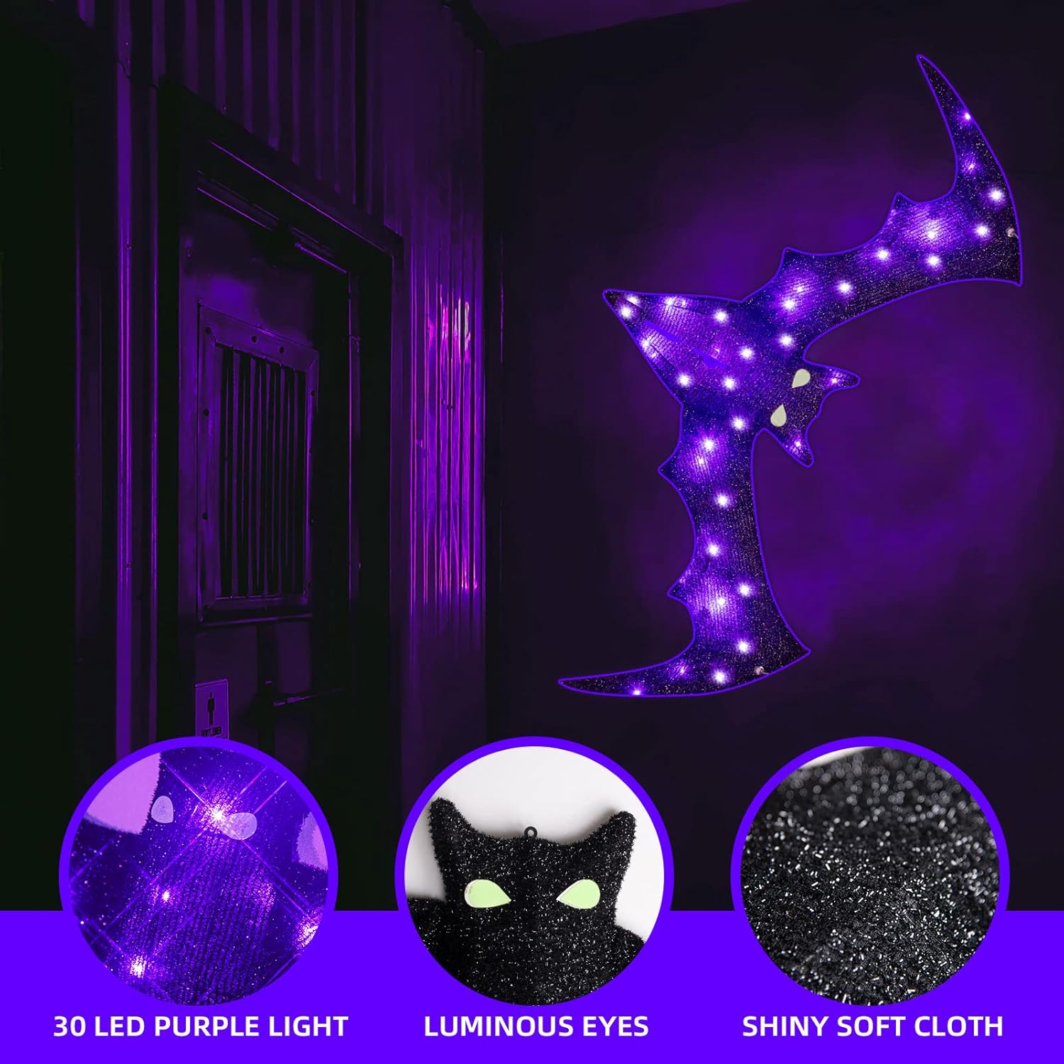 EAMBRITE Luces de ventana de Halloween de 4 pies, luz de murciélago gigante con 30 luces moradas, impermeable, silueta de ventana, decoración de luz