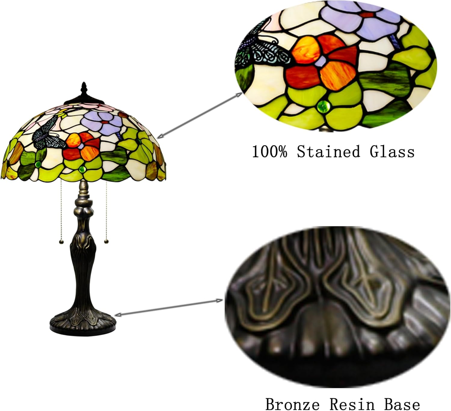 Tiffany – Lámpara de mesa de 2 luces de 24 pulgadas de alto, estilo mariposa, lámpara de lectura, mesita de noche, mesita de noche, luz de