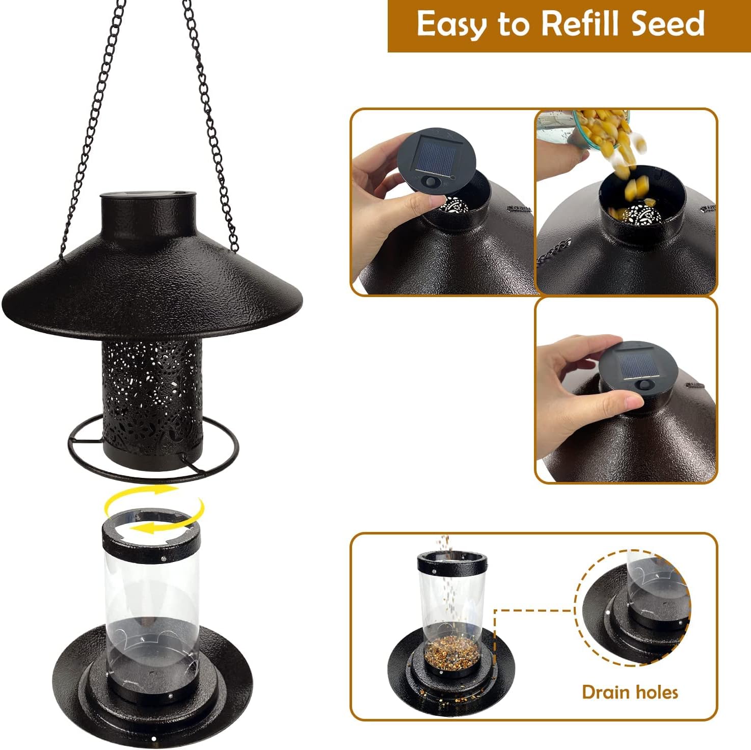 MIXXIDEA Comedero solar para pájaros silvestres, resistente al agua, alimentador de pájaros con energía solar, farol de jardín, comederos para