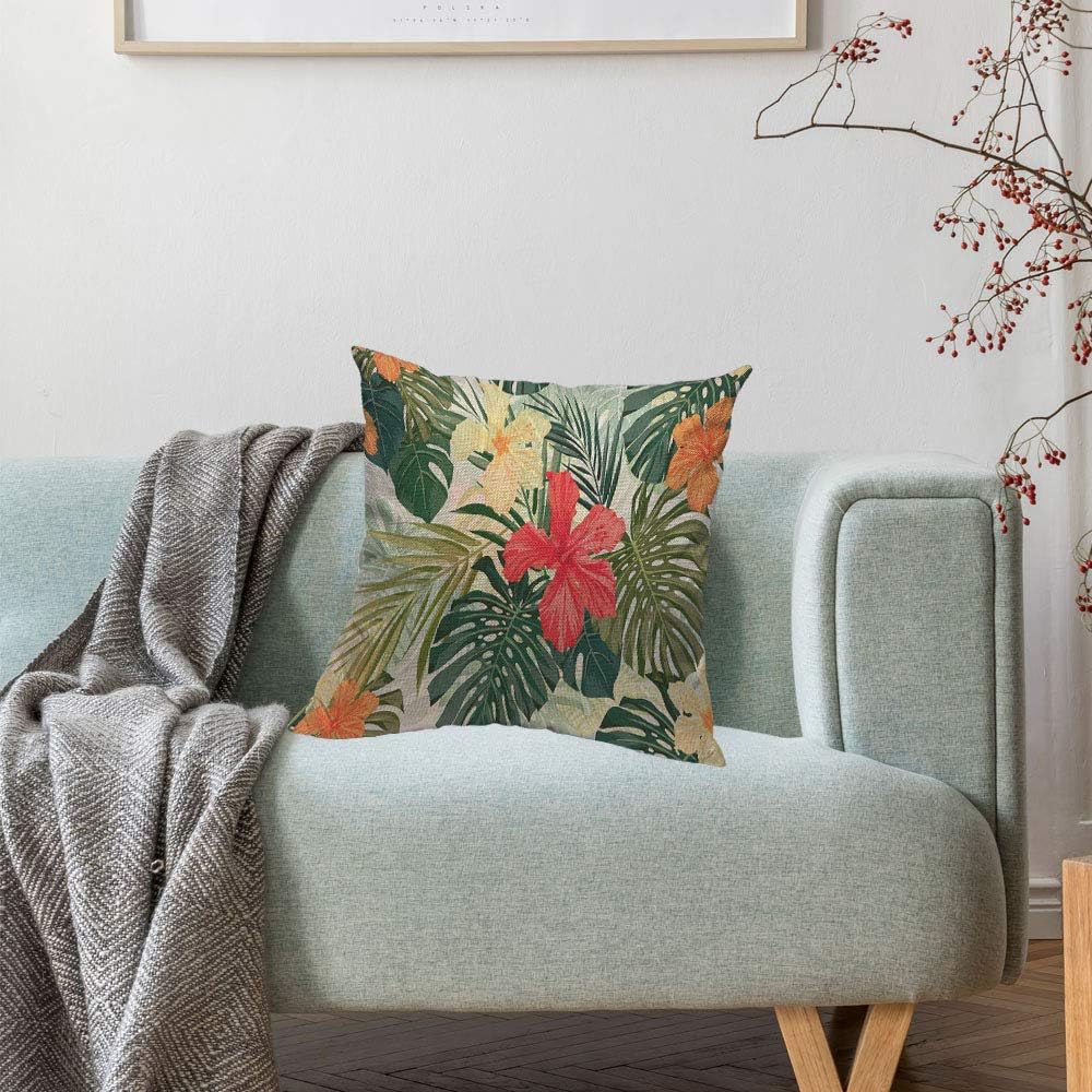 HOSNYE Funda de cojín de flores de hibisco, coloridas plantas tropicales hawaianas, hojas de palmera, algodón y lino para sofá, cama, sofá,