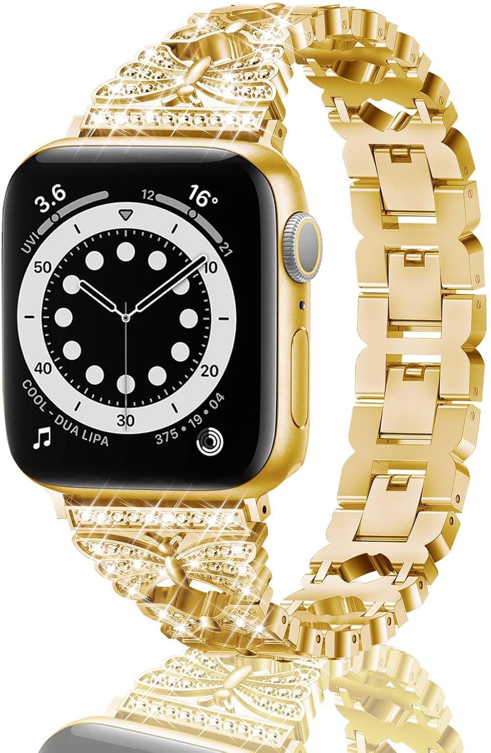Compatible con Apple Watch Band de 1.496 in, 1.575 in, 1.614 in, 1.654 in, 1.732 in, 1.772 in, correa de metal de joyería de mariposa de diamante