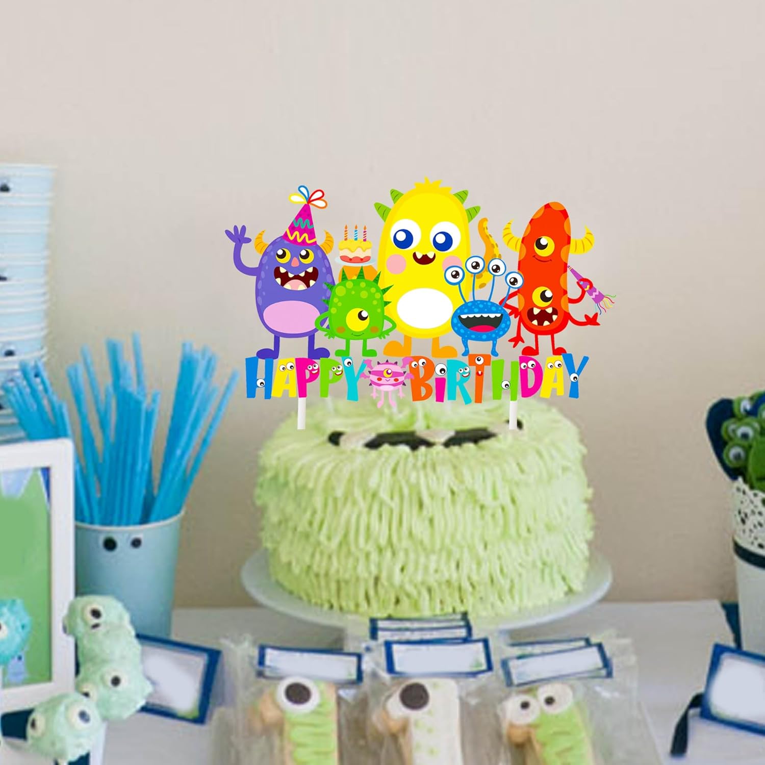 Decoración de pastel de cumpleaños de monstruo, suministros de fiesta de cumpleaños, decoración de pastel de monstruo pequeño para niños, temática