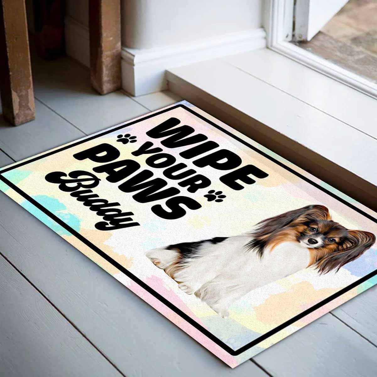 Kobalo Tapetes de bienvenida para entrada al aire libre, divertidos, personalizados, con diseño de perro Papillon, tapetes para puerta delantera,