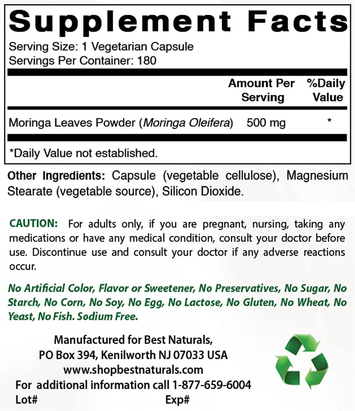 Best Naturals Moringa 500 mg 180 Cápsulas Vegetarianas