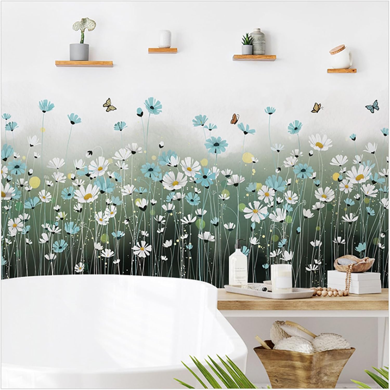 HINIHAO Decoración de pared de fondo de sala de estar, hojas verdes, plantas, flores, decoración de pared, diseño de habitación, calcomanía mural