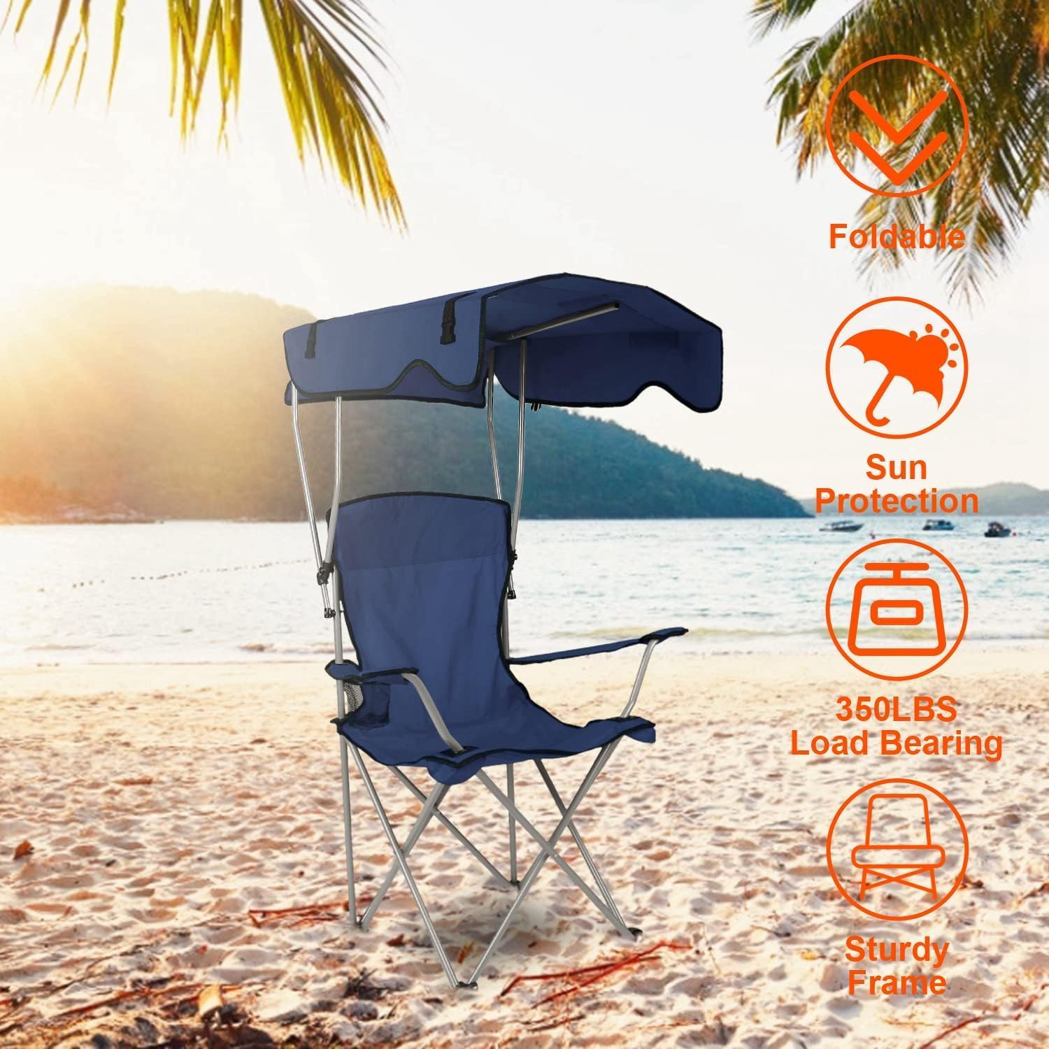 Silla de camping con toldo, silla plegable para exteriores con parasol ajustable UPF 50+ y soporte para tazas, reclinable portátil para campamento,