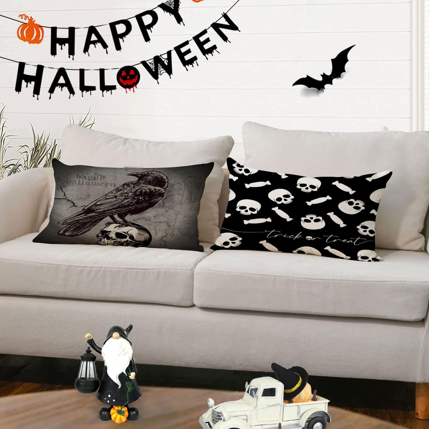 Fundas de almohada de Halloween de 12 x 20 pulgadas, juego de 4 fundas de almohada decorativas de truco o trato, fundas de almohada de gato negro,