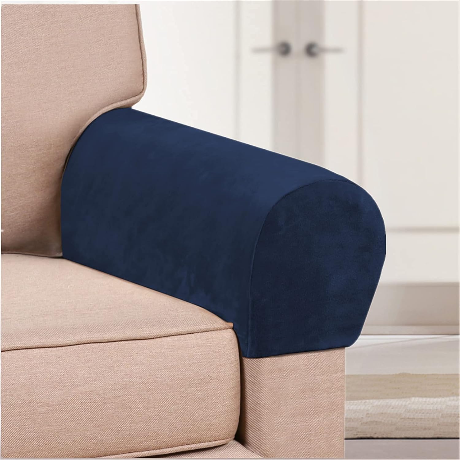 Fundas elásticas para reposabrazos de terciopelo para sillas, sofá, sillón, fundas para sofá reclinable, 2 unidades (azul marino)