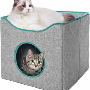 Jongee Cat Cube House – Casa plegable para gatos con cojín reversible y almohadilla para raspar para gatos pequeños de interior, gris, 13 x 13 x 15 Jongee Cat Cube House – Casa plegable para gatos con cojín reversible y almohadilla para raspar para gatos pequeños de interior, gris, 13 x 13 x 15