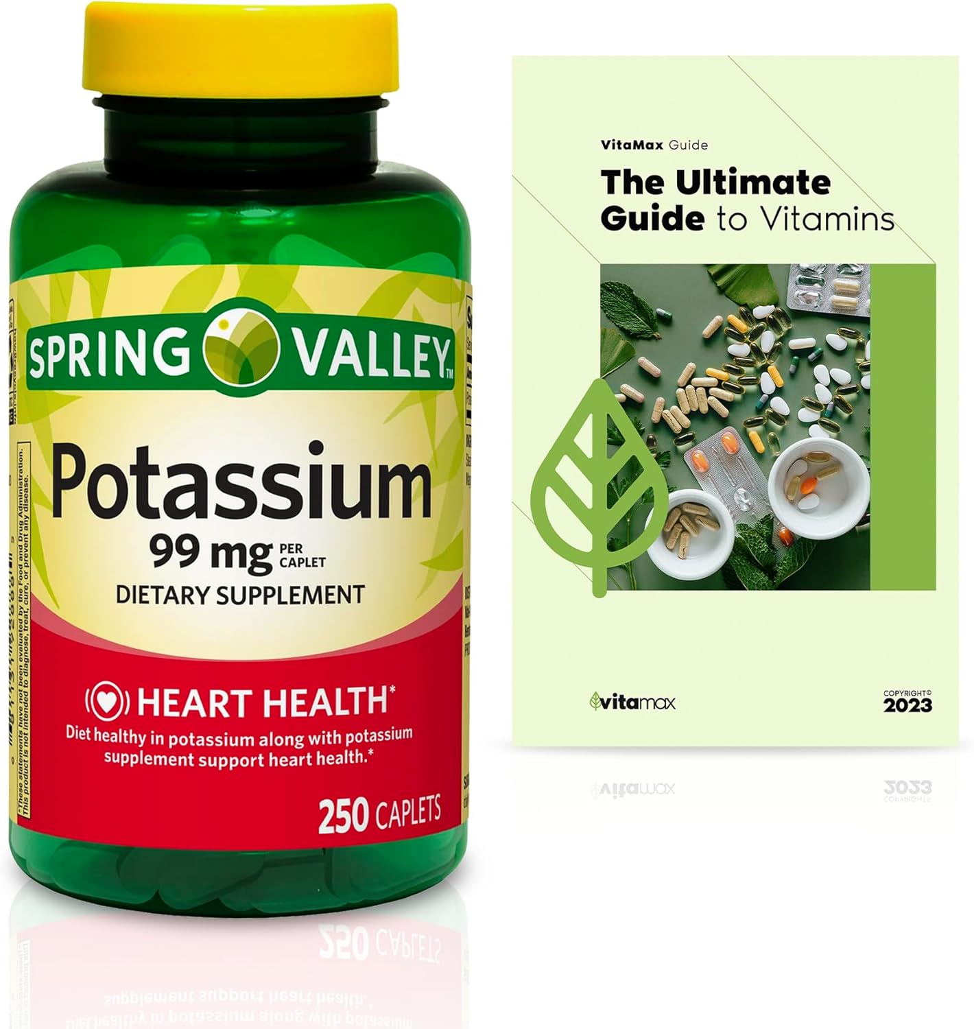 Suplemento dietético Spring Valley Potasio para la salud cardíaca, 99 mg, 250 unidades (suministro para 8 meses) + guía exclusiva de vitaminas