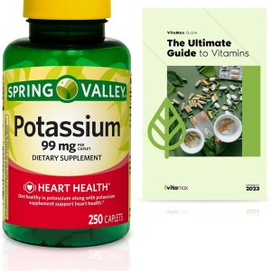 Suplemento dietético Spring Valley Potasio para la salud cardíaca, 99 mg, 250 unidades (suministro para 8 meses) + guía exclusiva de vitaminas Suplemento dietético Spring Valley Potasio para la salud cardíaca, 99 mg, 250 unidades (suministro para 8 meses) + guía exclusiva de vitaminas