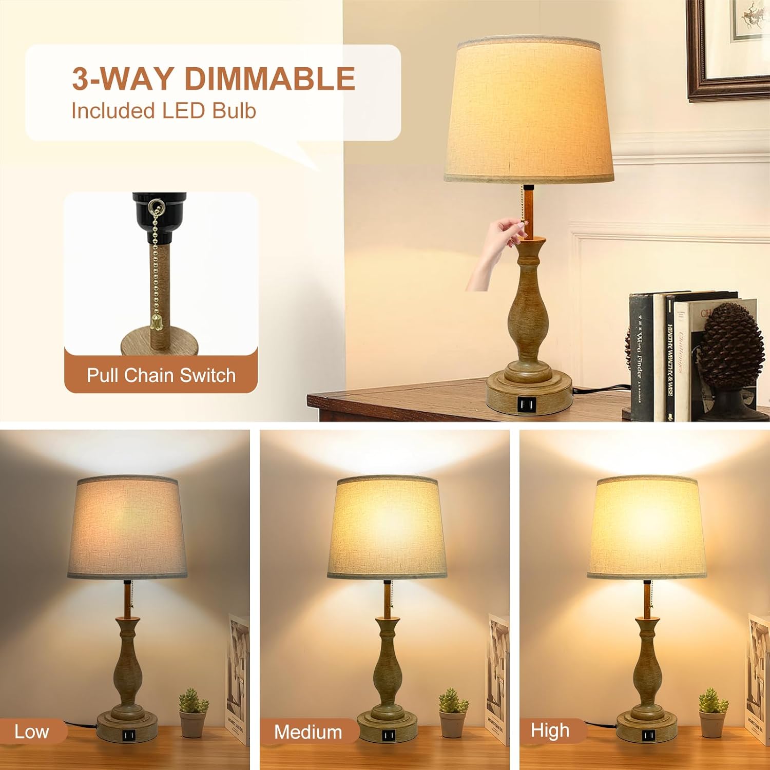 Lámpara de mesa de granja regulable de 3 vías, moderna lámpara de mesita de noche con 2 puertos USB, lámpara de mesita de noche con pantalla de tela