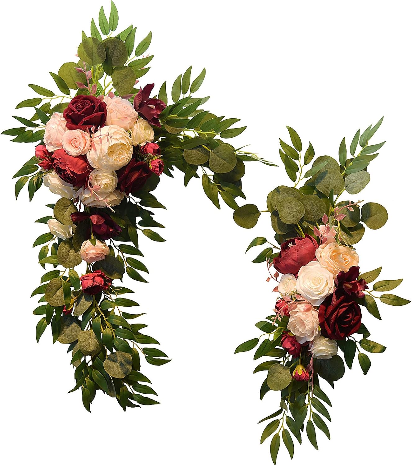 Firlar Kit de flores artificiales para arco de boda, 2 guirnaldas florales decorativas con rosa roja, peonía rosa y hojas de eucalipto, guirnalda de