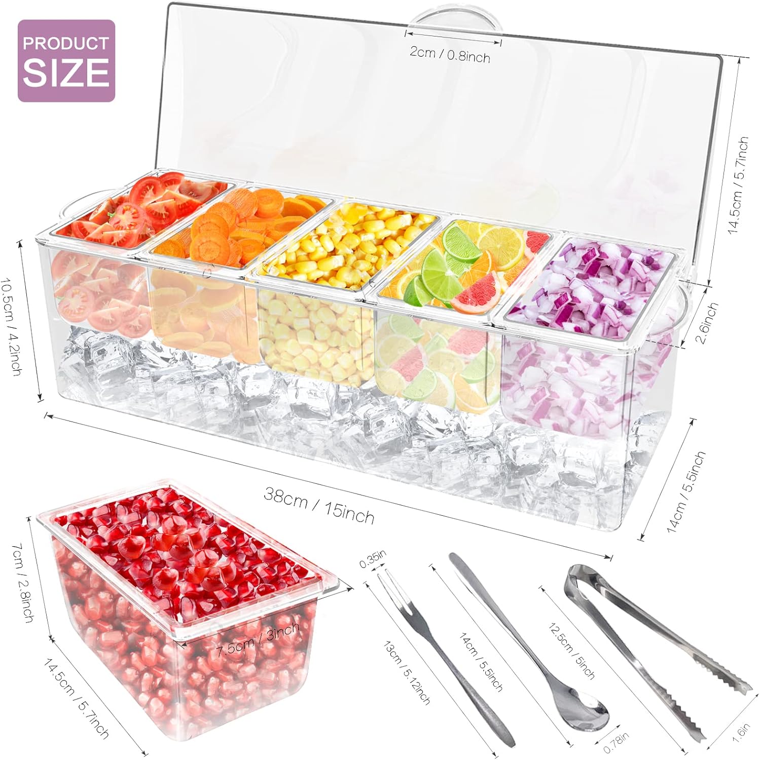 5 Compartment Condiment Server, Ice Chilled Condiment Containers with Lid, Clear Condiment Caddy Serving Tray on Ice with 5 Serving Spoons 5 Fruit
