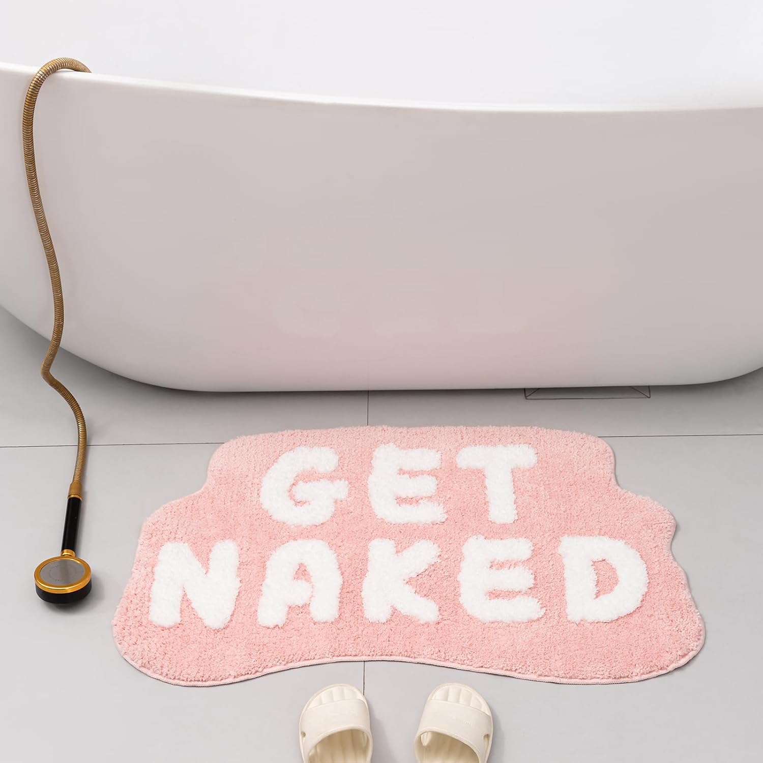 Tapete de baño rosa con texto en inglés Get Naked, tapete de baño suave y antideslizante, divertido tapete para baño, apartamento, decoración