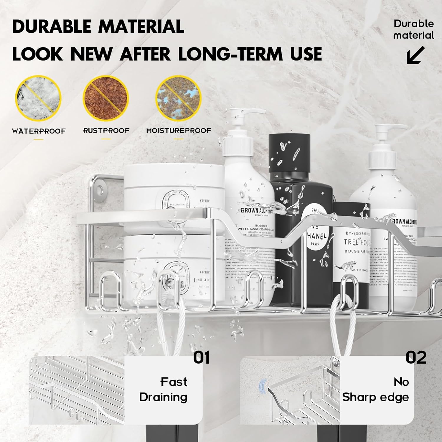 ASTOFLI Paquete de 4 estantes de ducha adhesivos de acero inoxidable, organizador de ducha de baño de gran capacidad, estante de ducha para ducha