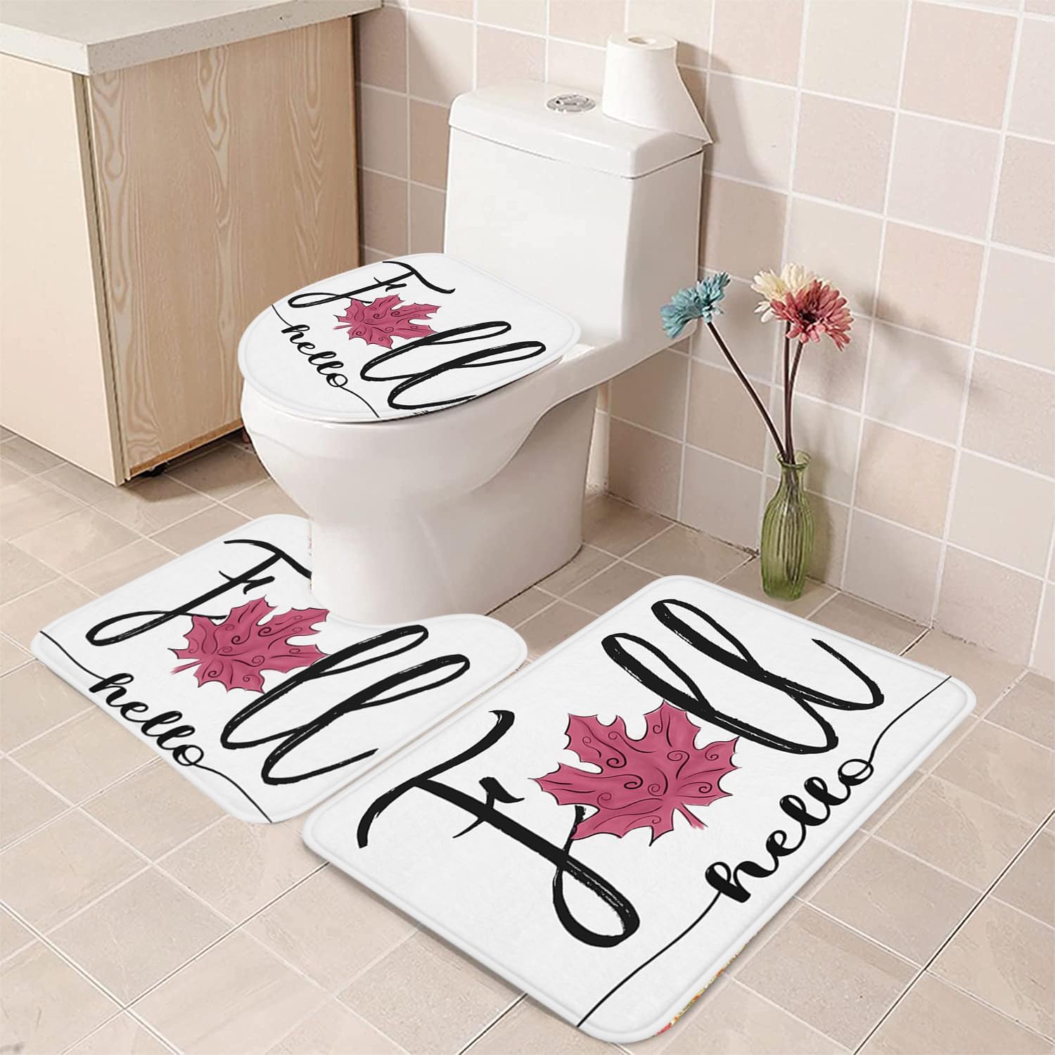 Hello Fall Bath Rugs Sets 3 Piece, Autumn Harvest Fall Maple Leaf Non Slip Bathroom Carpet Pink Bathroom Mats Set with Toilet Lid Cover,Absorbent