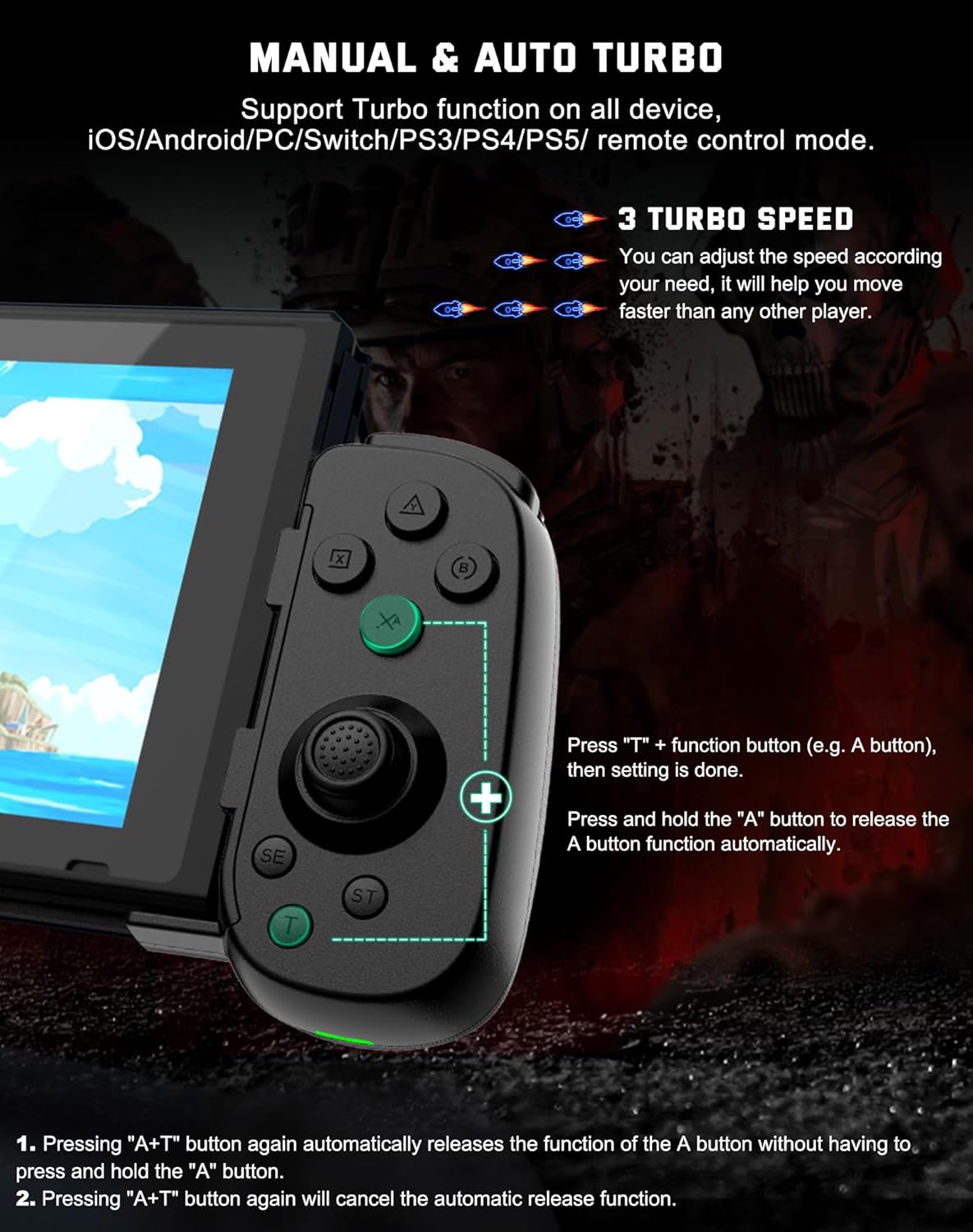 Joso Phone Controller for iPhoneAndroidPC, D6 Wireless Game Controller for SwitchPS3PS4 with Hall JoystickTurbo6-Axis GyroDual Motor, iOS Android