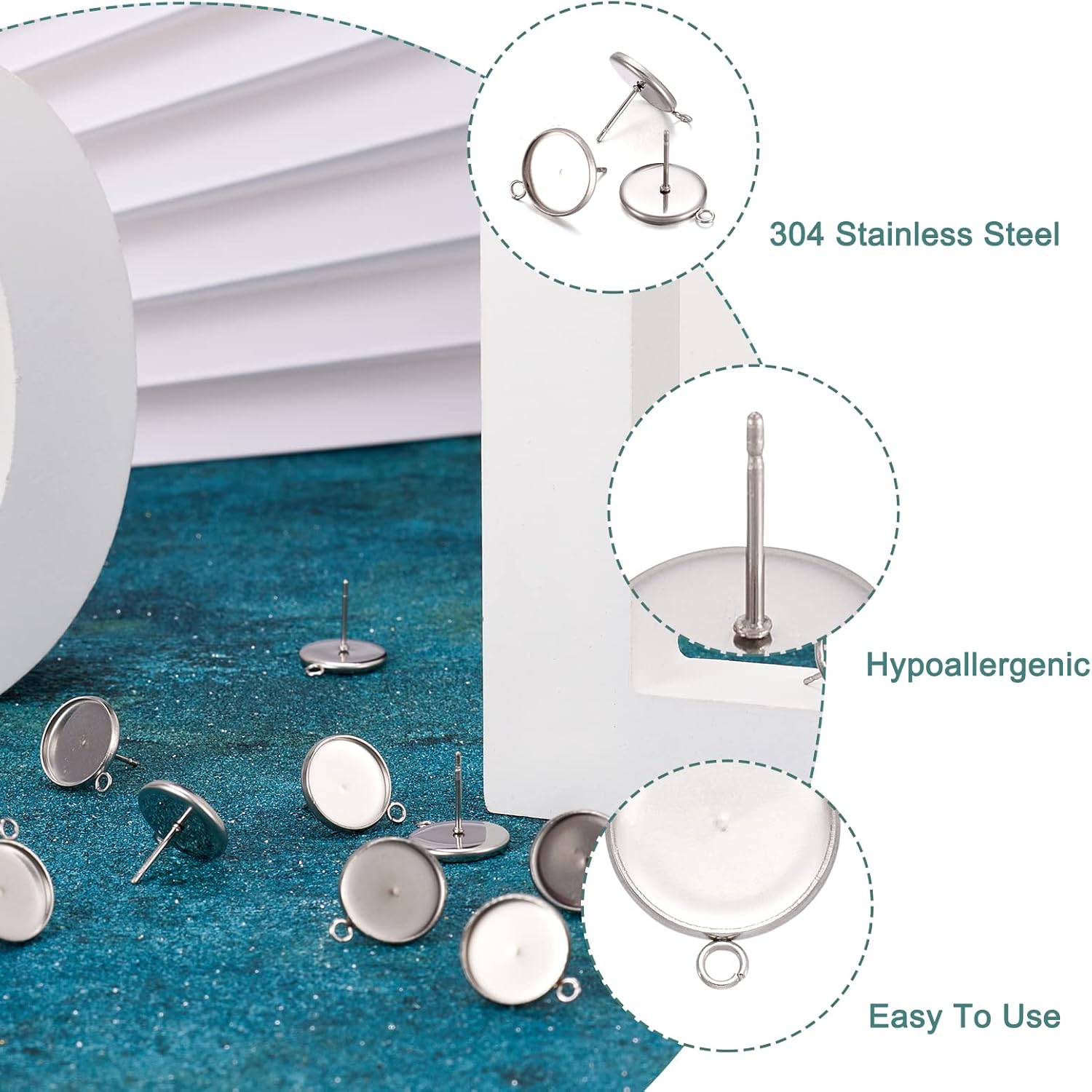 Pandahall – 100 aretes de acero inoxidable con ajuste de cabujón de 0.472 pulgadas (0.472 in), bandeja de bisel redonda plana con lazo para hacer