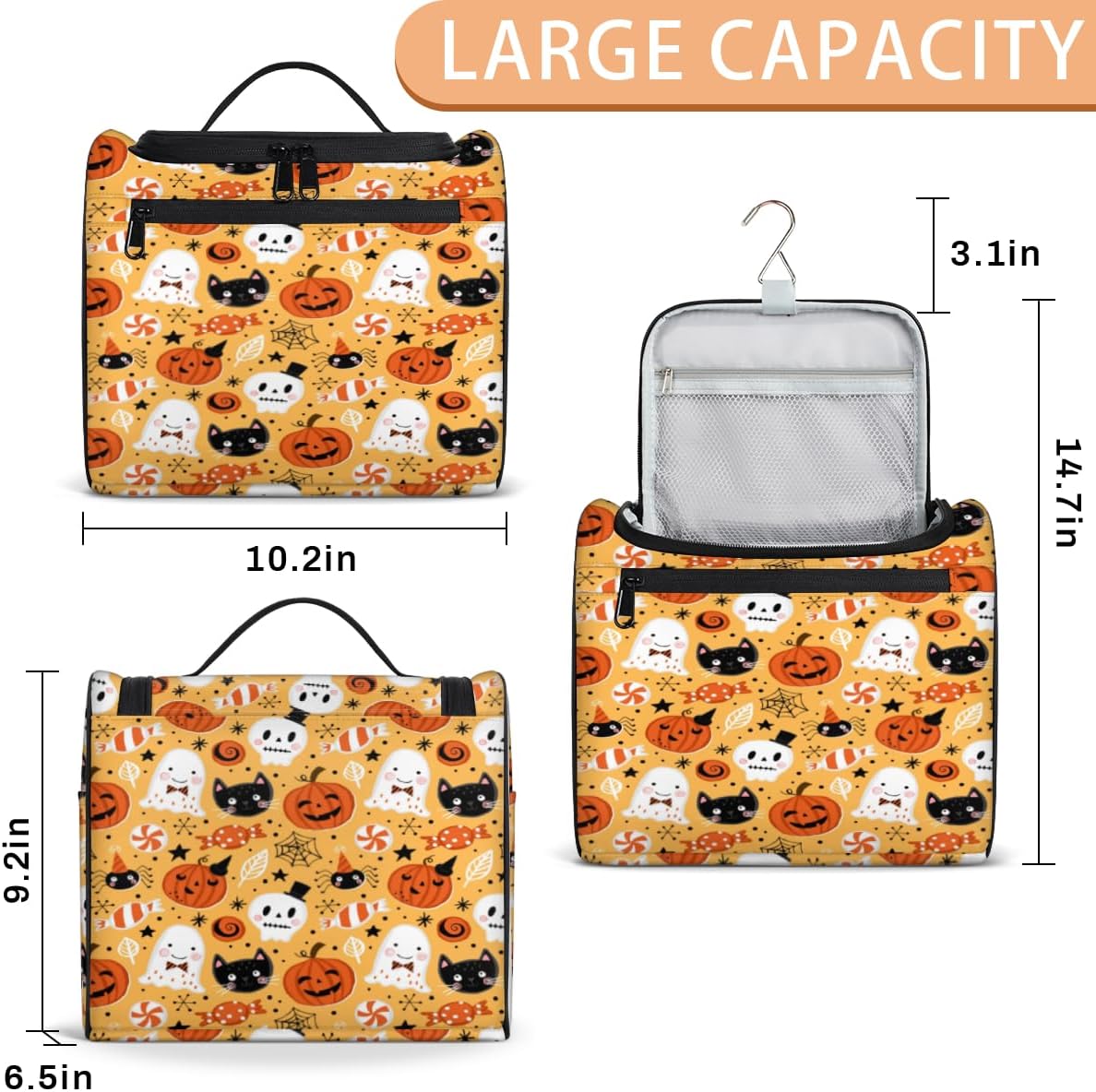 Art The Halloween Decor Toiletry Bag for Women Travel Makeup Organizer with Hanging Hook Traveling Cosmetic Bags for Toiletries Accessories