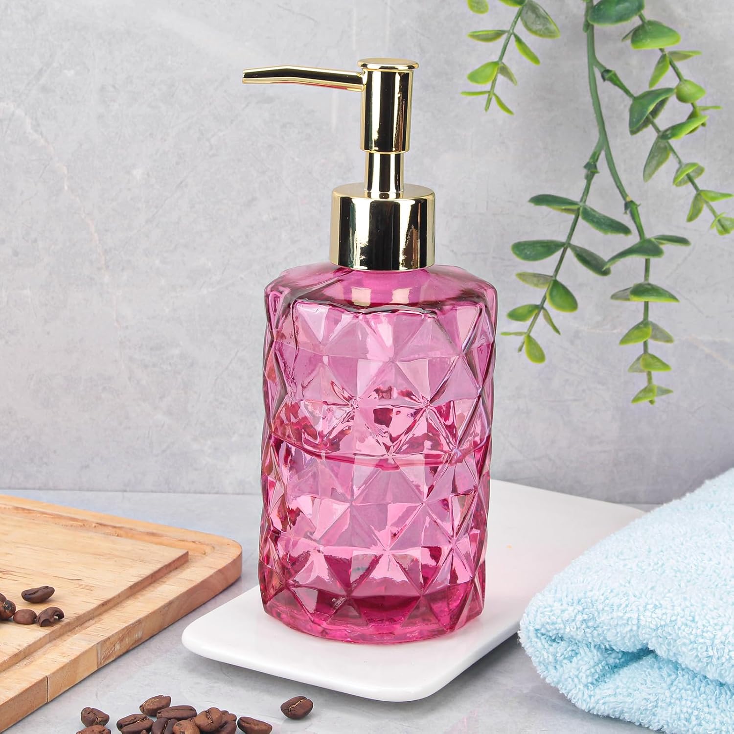 Dispensador de jabón con bomba, dispensador de jabón con patrón de diamante para encimera de cocina, baño, accesorios de baño rosa intenso (paquete