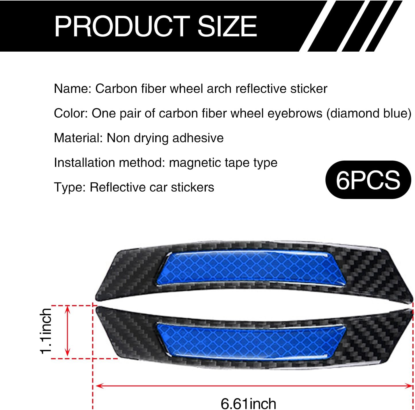 GKmow 6 calcomanías reflectantes para ruedas de automóvil, fibra de carbono, antiarañazos, decoración nocturna antiarañazos, tiras reflectantes de