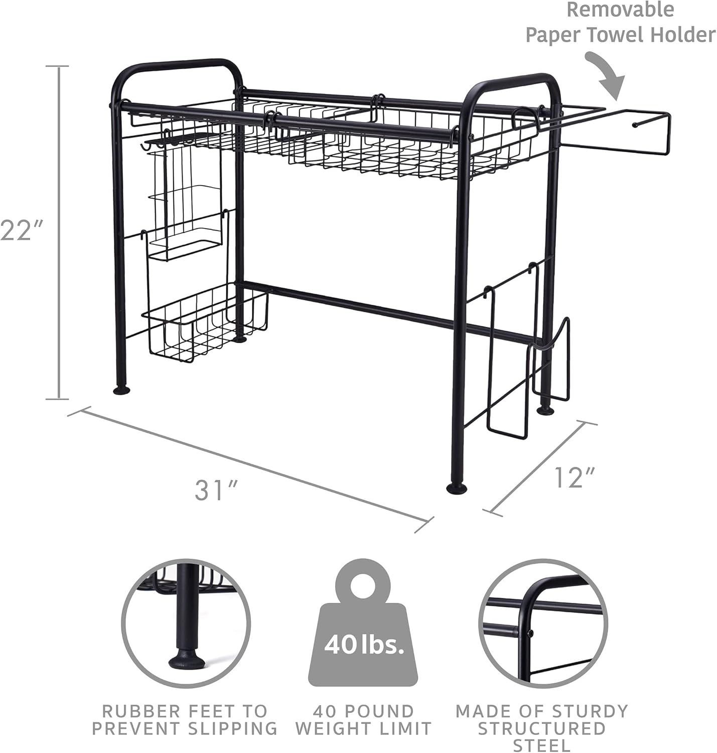 Gourmet Basics by Mikasa Over the Sink – Escurridor de platos organizador de 2 niveles, 31 pulgadas, color negro