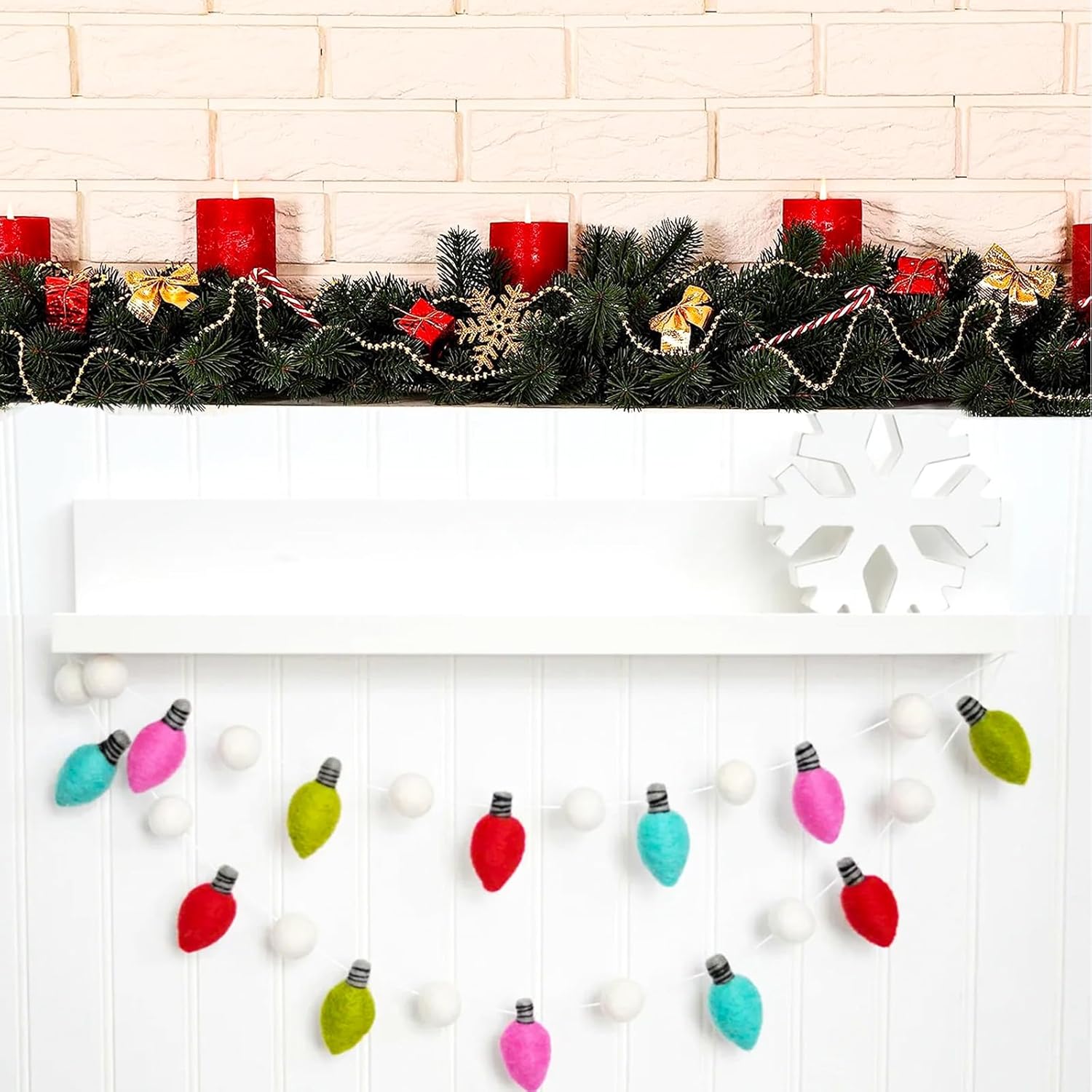 Guirnalda de luces de fieltro de Navidad de 6.6 pies, 8 bombillas con forma de arco iris, guirnalda decorativa de color navideño para árbol de