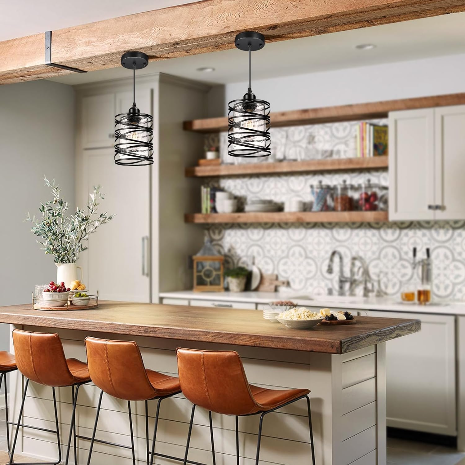 Paquete de 2 luces colgantes negras para decoración de isla de cocina, moderna lámpara colgante de vidrio sembrado sobre el fregadero, luces de