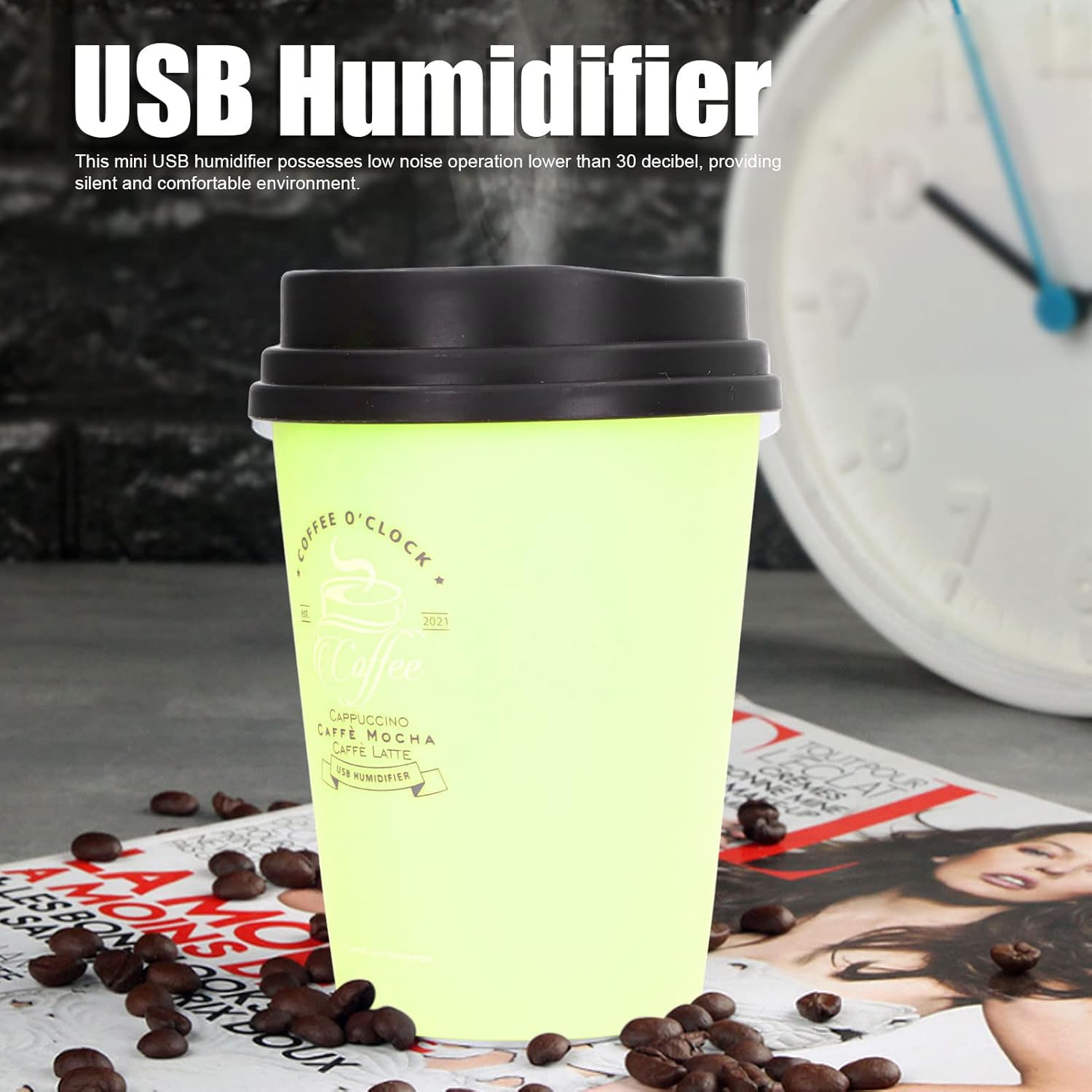 Mini humidificador, taza de café USB de 10.1 fl oz, humidificador de escritorio de apagado automático de bajo ruido, difusor de humidificador para