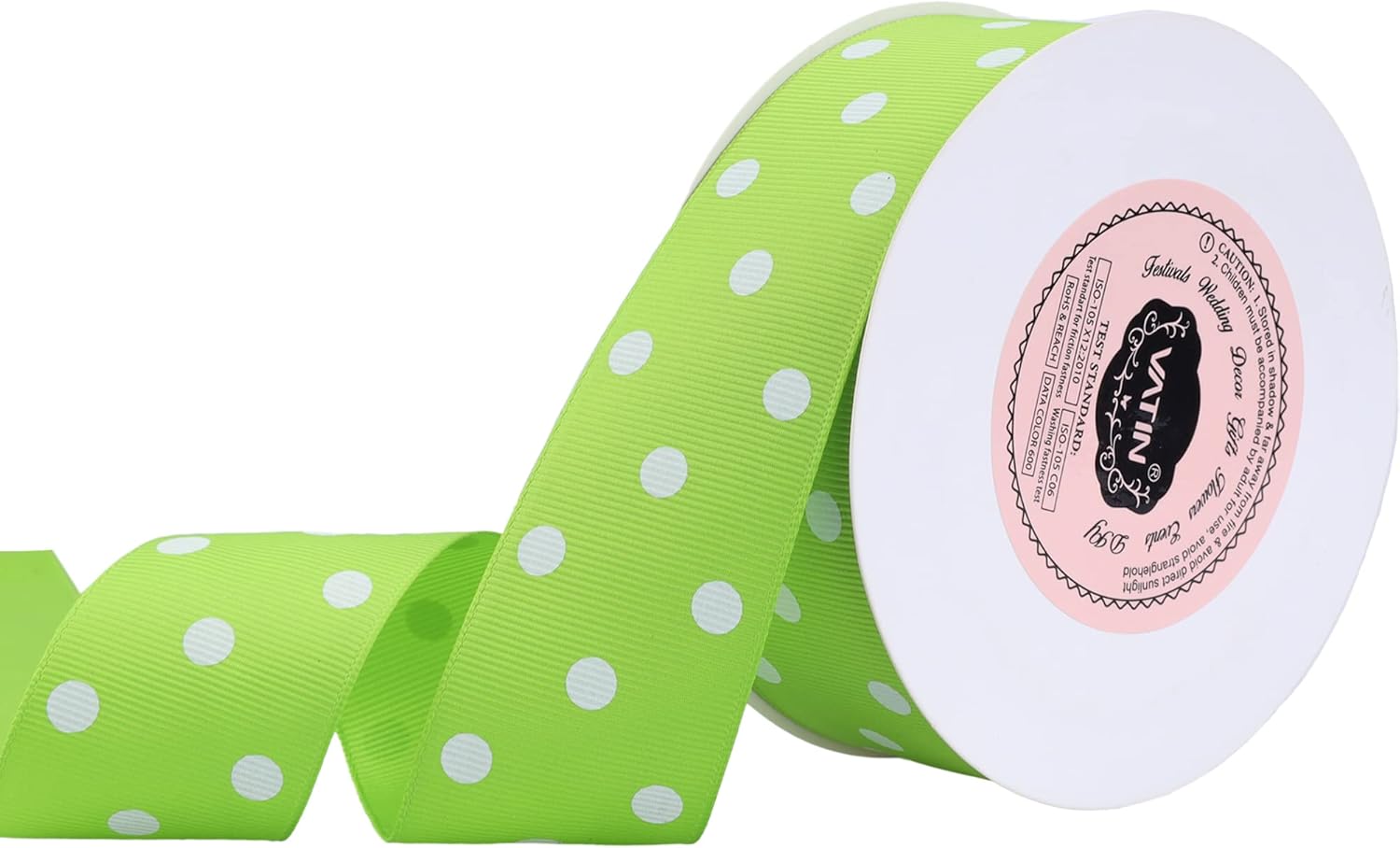 VATIN Cinta de grogrén de lunares para manualidades, carrete de 1-12 pulgadas de ancho por 10 yardas, color verde manzana con puntos blancos, uso