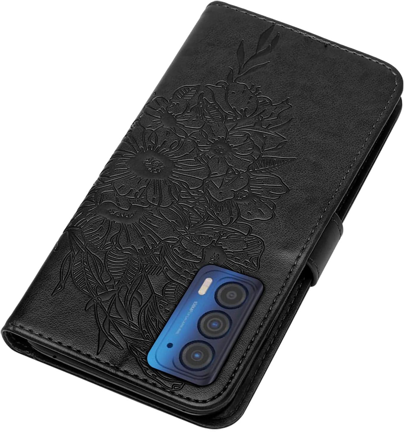 Funda compatible con Motorola Edge 2021, función atril, correa de muñeca, ranuras para tarjetero, diseño floral de mariposa, funda de piel sintética