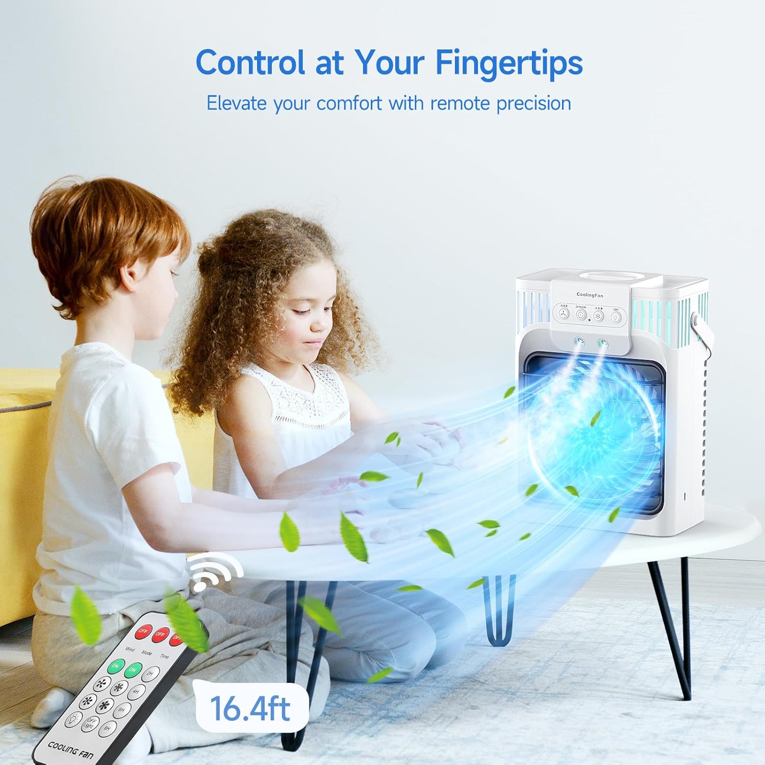VICELEC Ventilador de aire acondicionado portátil con control remoto, silencioso con 3 velocidades, ventilador evaporativo de 40.6 fl oz con 3