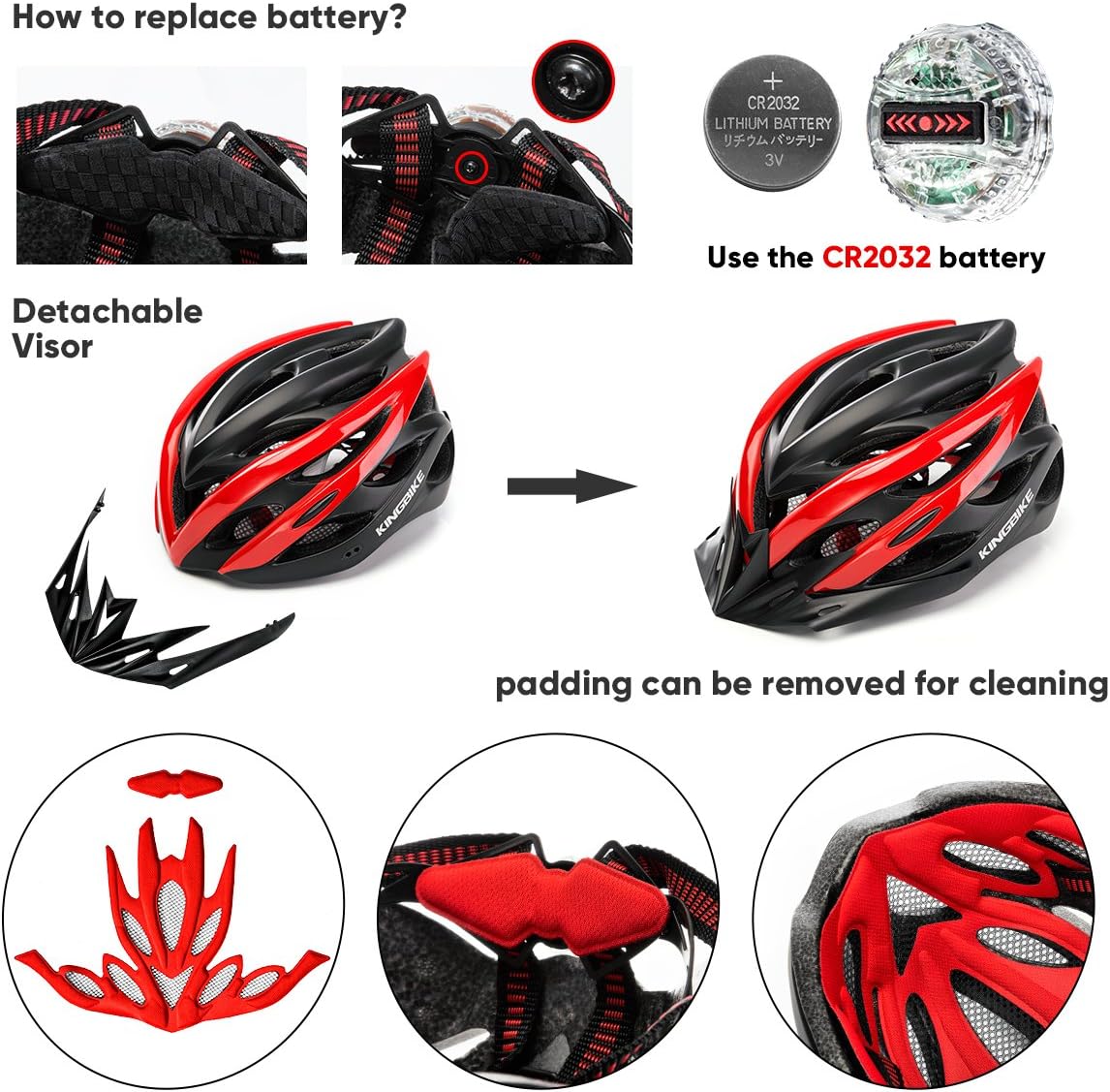 KINGBIKE Casco de bicicleta ligero y cómodo para adultos y jóvenes con luz trasera de seguridad LED + visera desmontable, mochila de almacenamiento