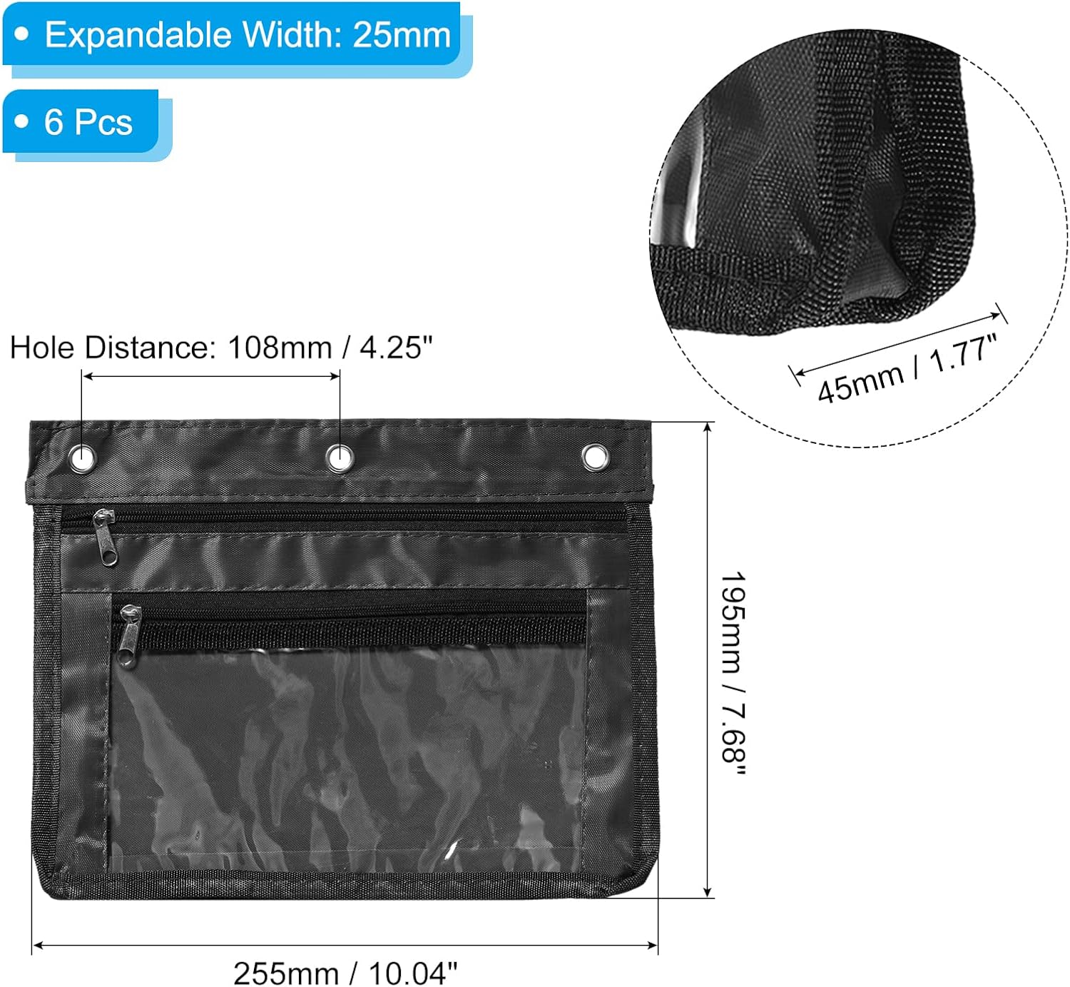 PATIKIL Estuche expandible para lápices de 3 anillos, paquete de 6 unidades, tela Oxford de gran capacidad con cremallera, estuche para oficina y