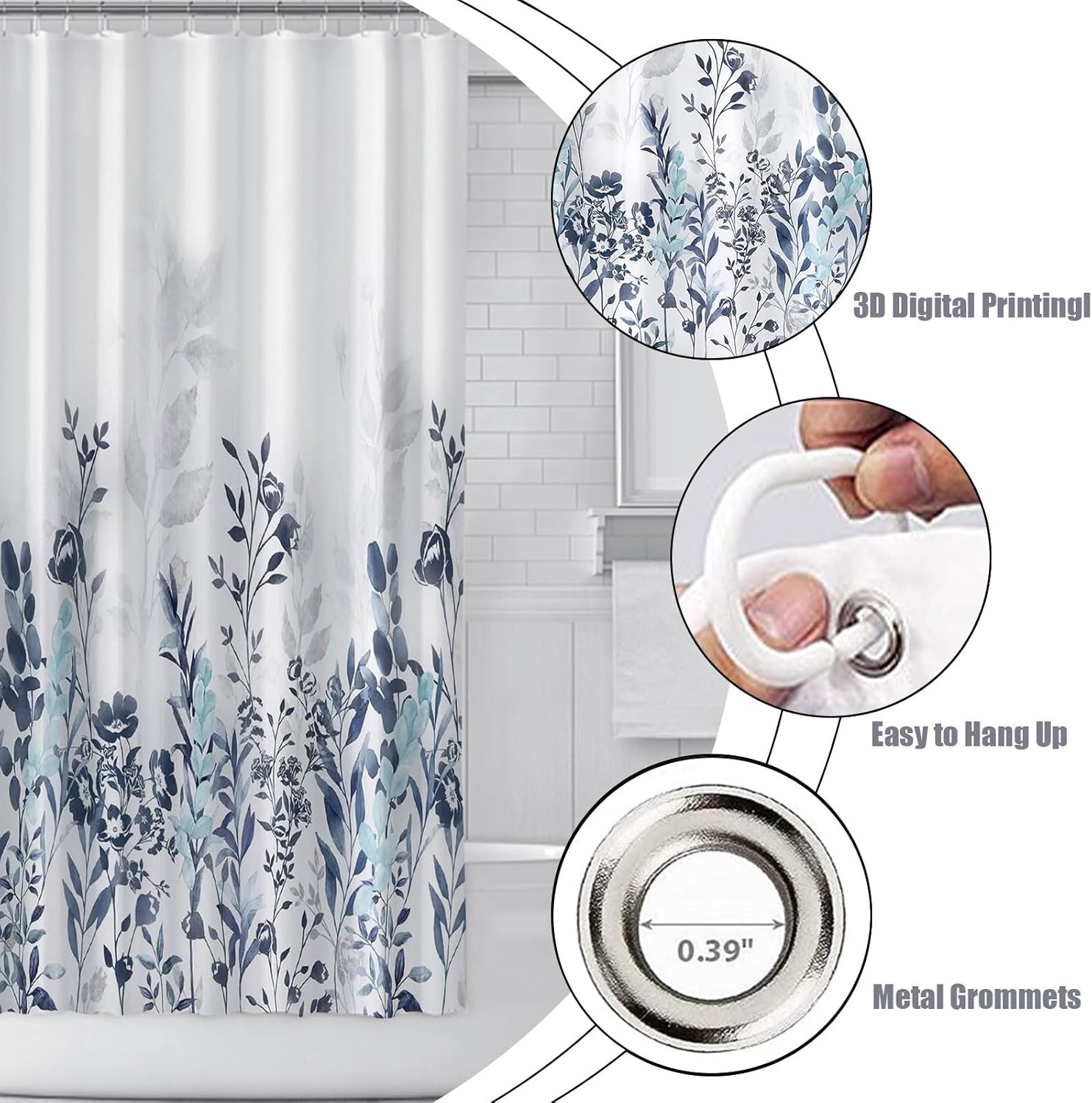 Cortina de ducha floral para baño, cortina de ducha de flores de acuarela con 12 ganchos, decoración de baño para el hogar, bañeras, fácil cuidado,