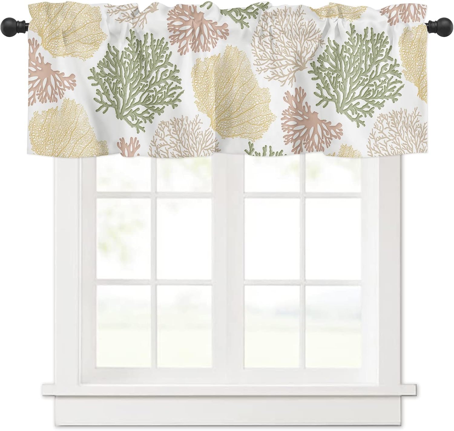 Cenefas cortas de cortina de ventana color amarillo y verde azulado, cenefas rosas de playa de verano para ventanas, decoración náutica costera con