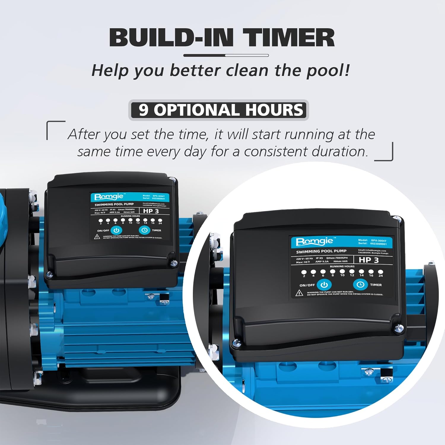 Bomba de piscina de 3 HP con temporizador, 7860 GPH sobre el suelo, temporizador de bomba de piscina 115 V, bombas de piscina enterradas de flujo de