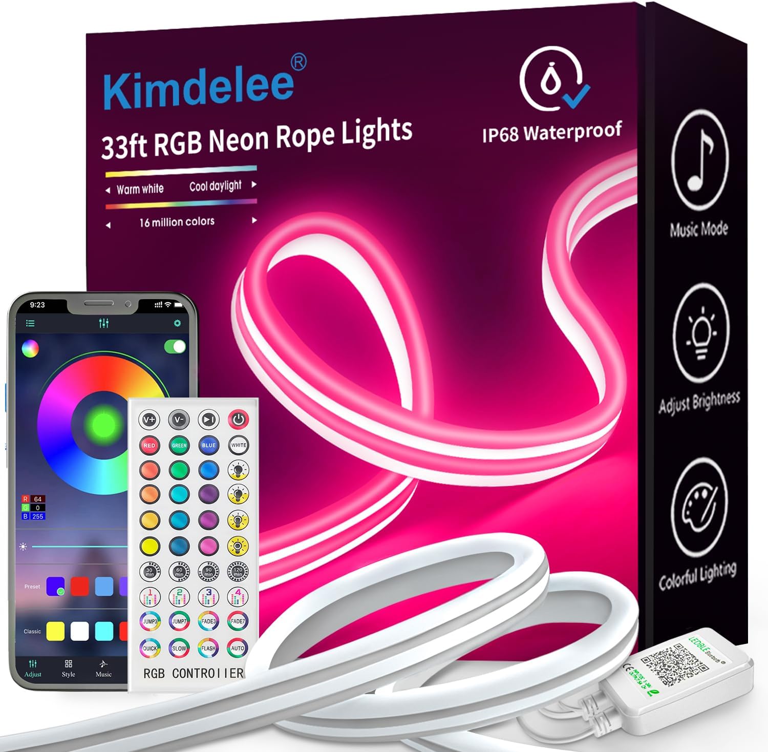 Cuerda de neón RGB de 33 pies, luces de neón flexibles impermeables IP68, tira de luces LED para dormitorio, decoración de habitación de niños para